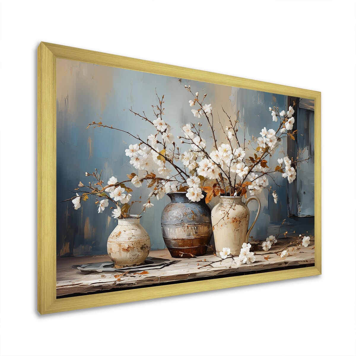Impression sur toile encadrée Designart, nature morte avec poterie et fleurs, paysage et arbres