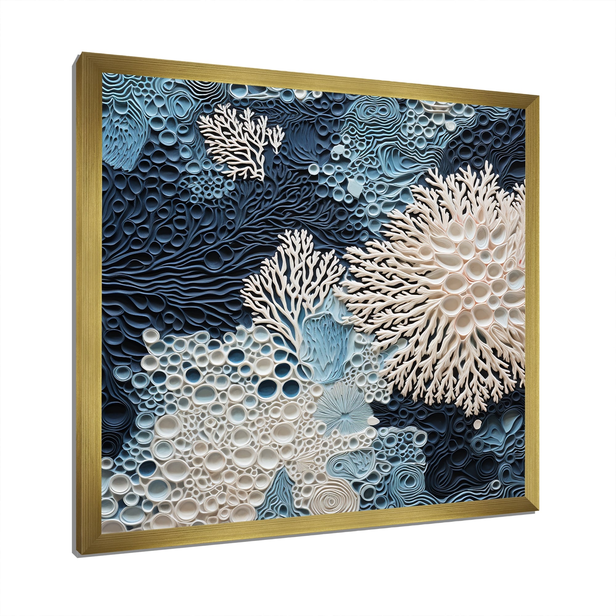 Designart Under Water Blue And White Corals Collage Coastal Framed Wall Art