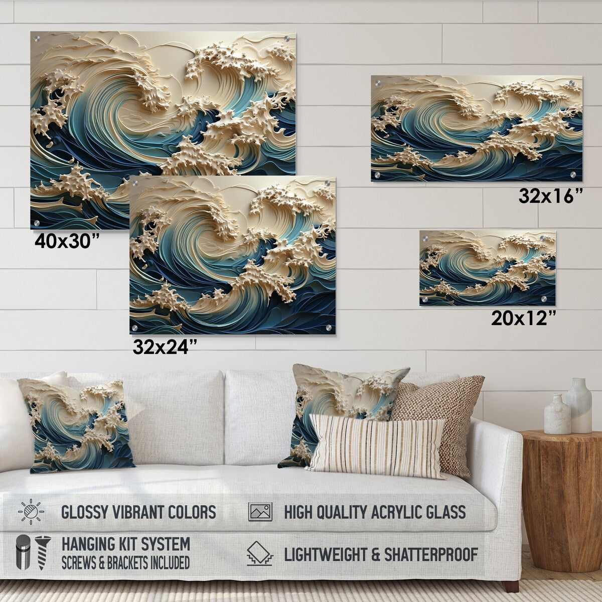 Décoration murale brillante Designart en papier découpé motif vagues blanches et bleues style III - Décoration murale en acrylique pour chambre à coucher