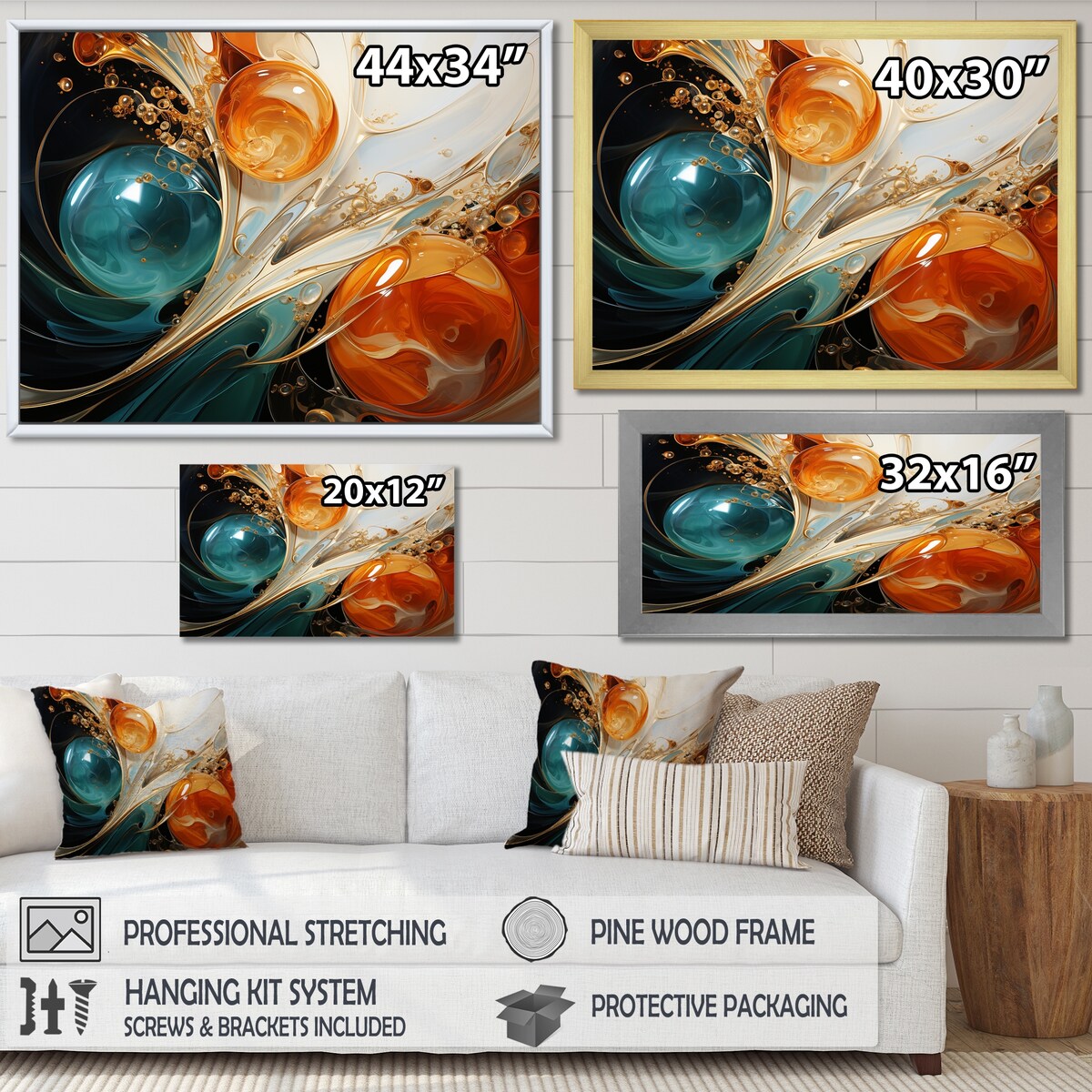 Designart Blanc Bleu Et Orange Encre Tempête III Peinture Abstraite Bleu Décoration Murale Chambre Moderne Encadrée Toile Art Mural