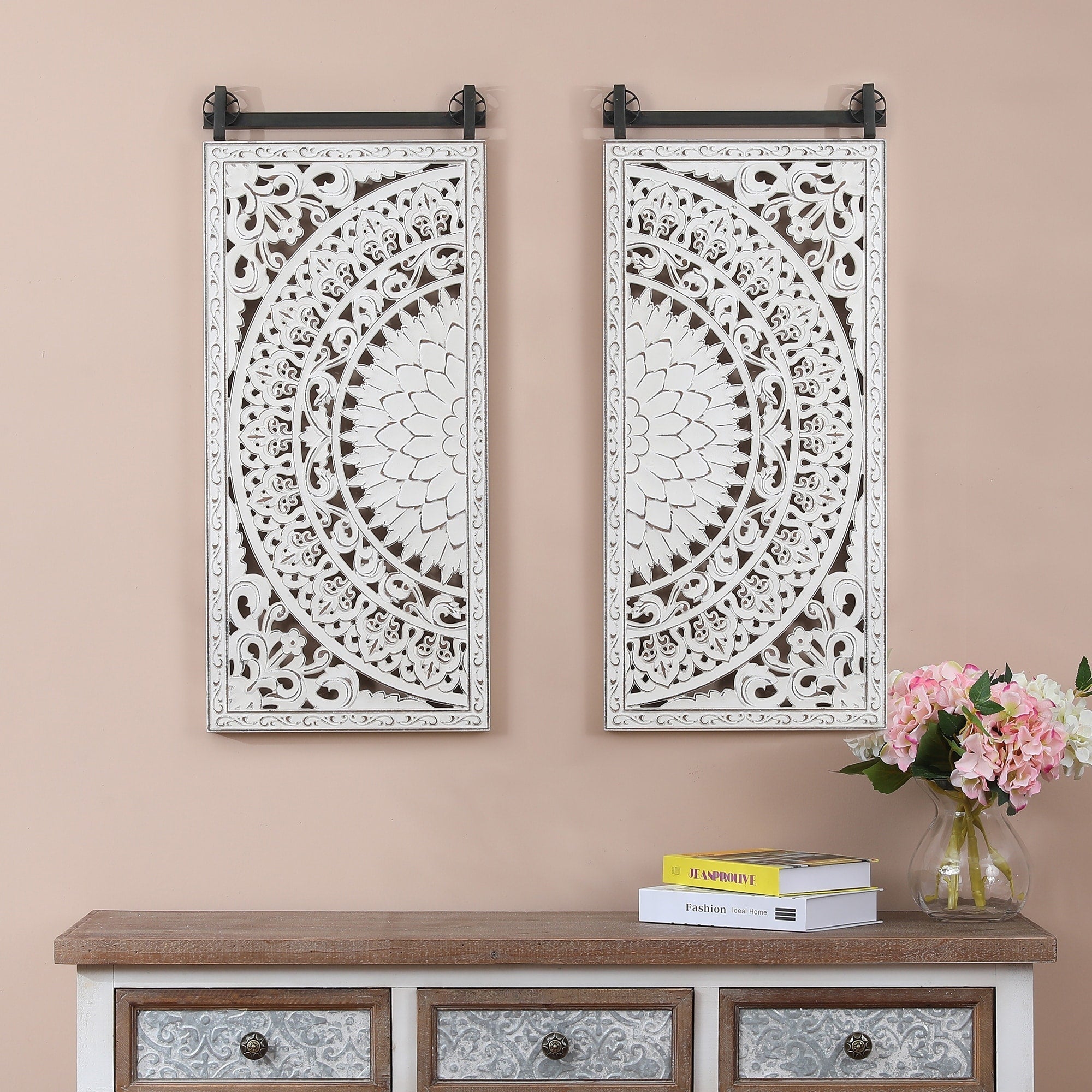 Décoration murale en bois blanc ivoire vieilli avec des accents noirs (lot de 2)