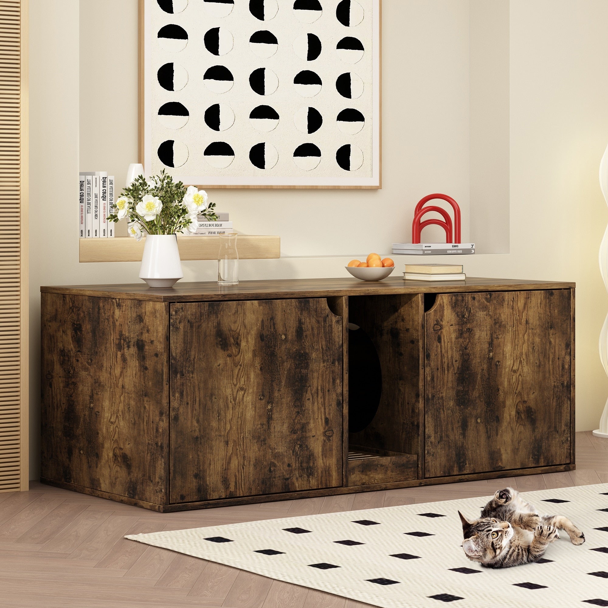 Bac à litière pour chat à deux compartiments, meuble multifonctionnel