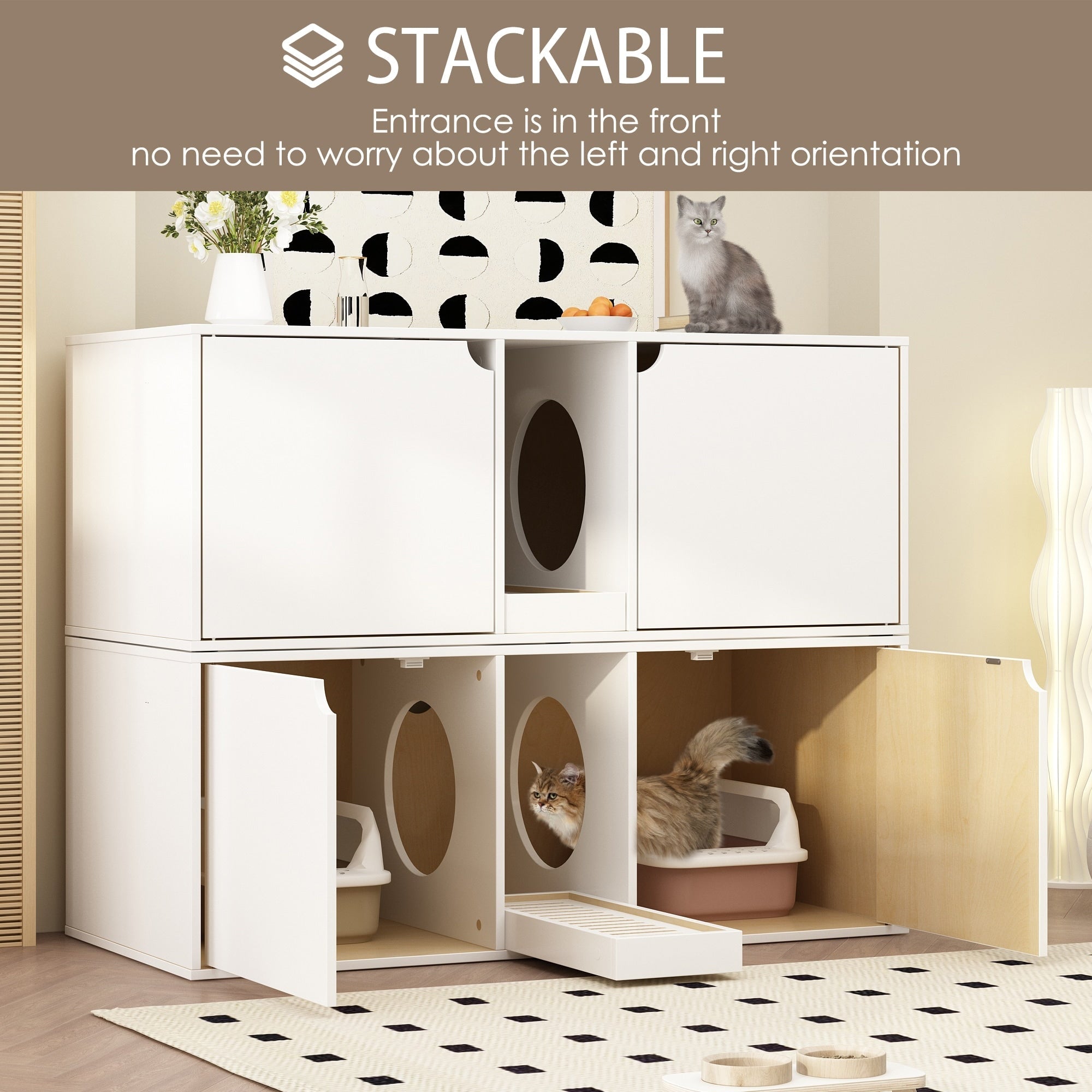 Bac à litière pour chat à deux compartiments, meuble multifonctionnel