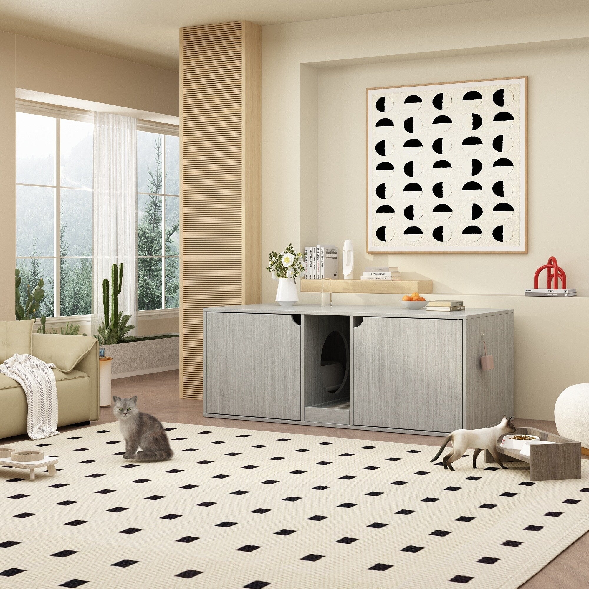 Bac à litière pour chat à deux compartiments, meuble multifonctionnel