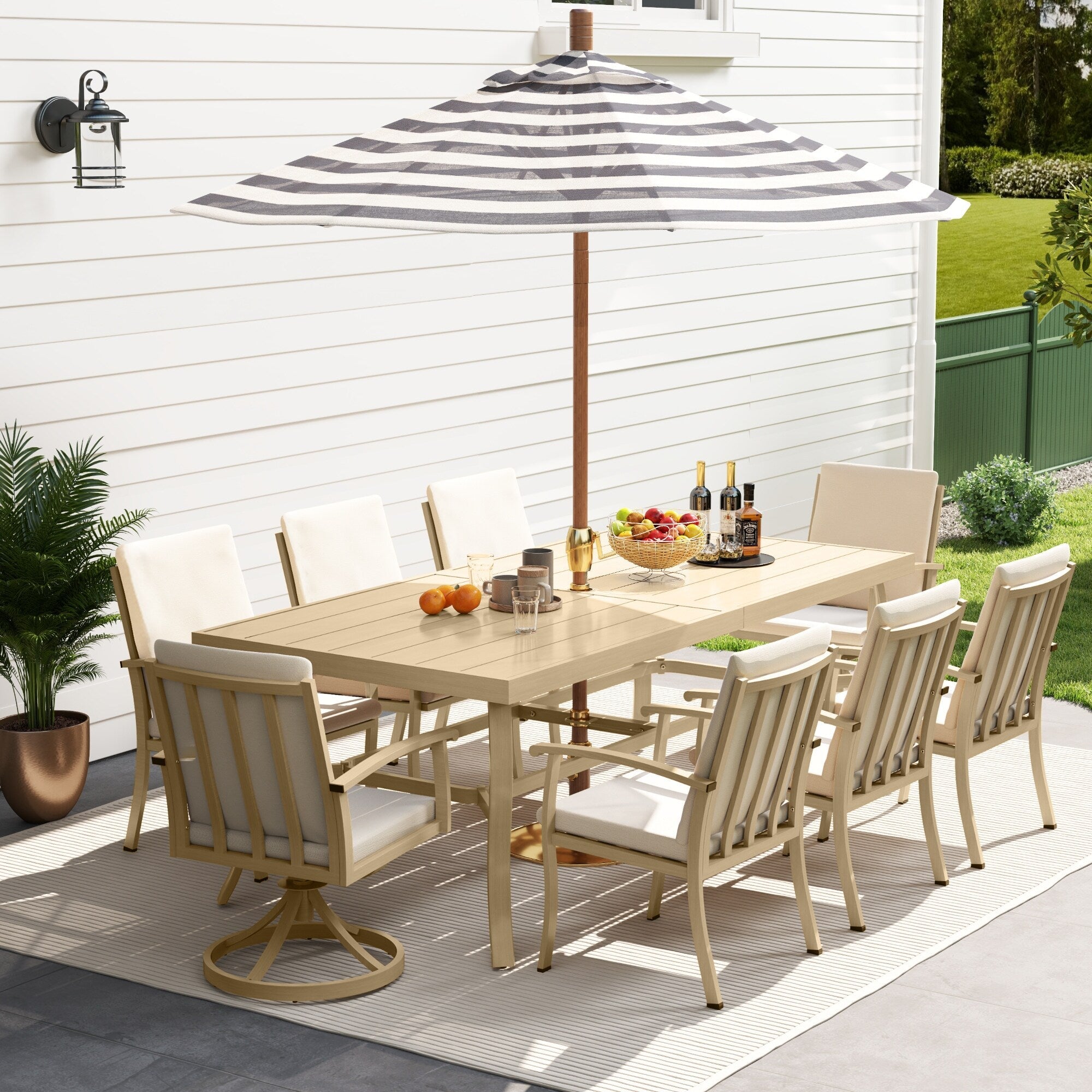 Ensemble de salle à manger de patio en aluminium EGEIROS LIFE AluLux 9 pièces avec 2 chaises pivotantes, 6 chaises et coussins lavables