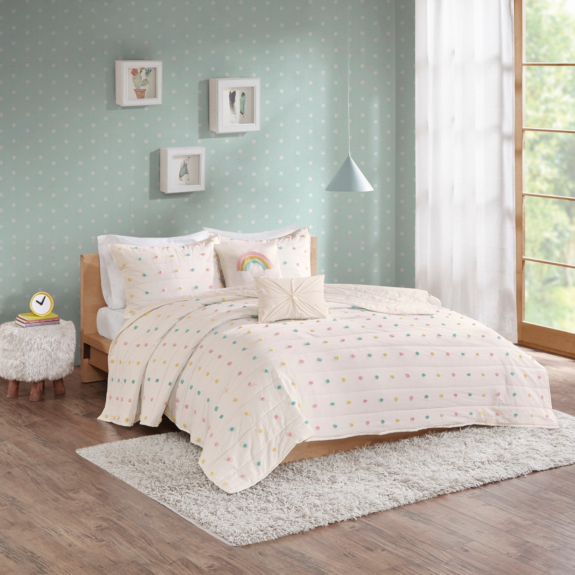 Parure de lit en jacquard de coton à pompons Ensley pour enfants, design intelligent, avec coussins décoratifs