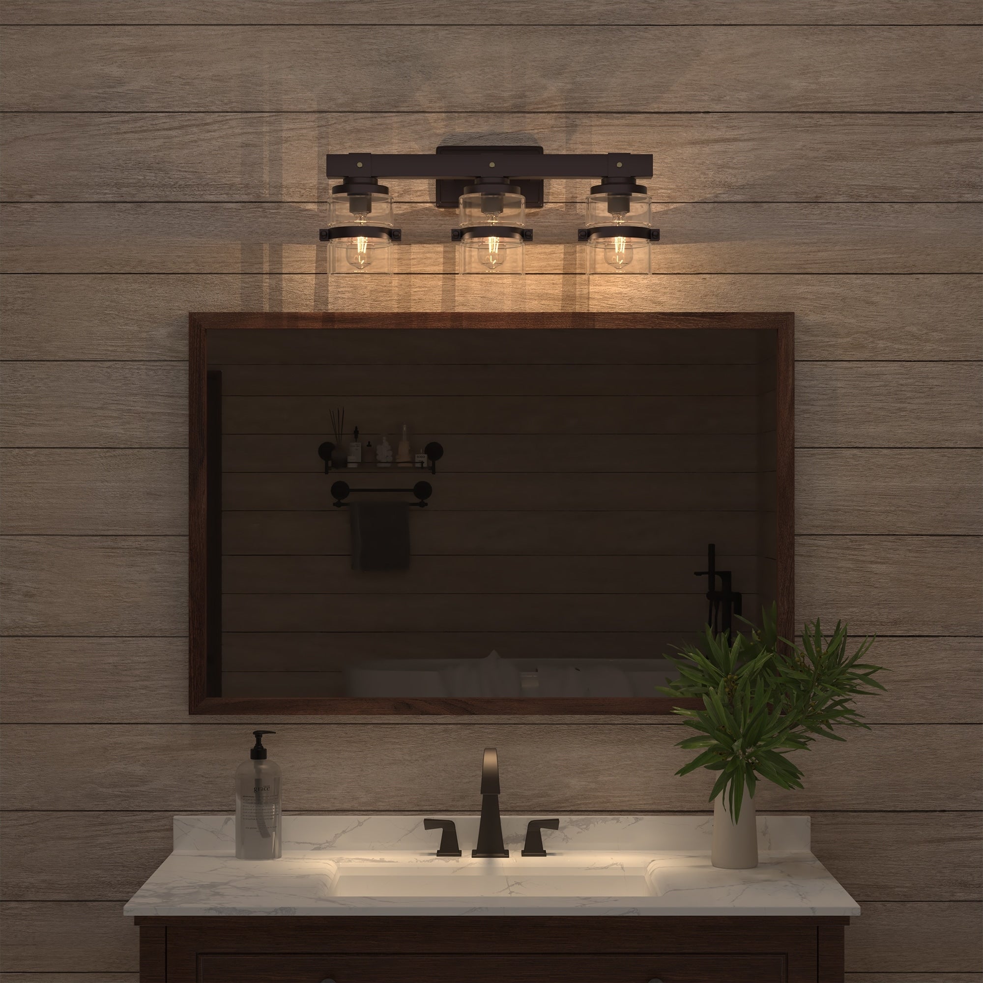 Applique murale de salle de bain ExBrite Farmhouse à 3 lumières, en fer noir à intensité variable