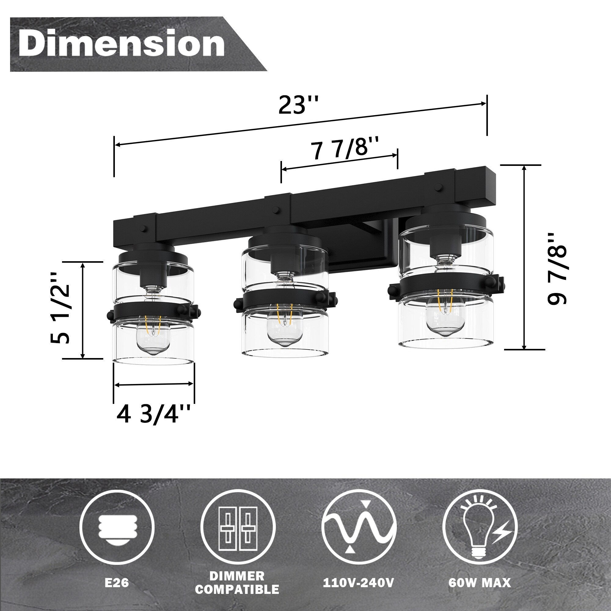 Applique murale de salle de bain ExBrite Farmhouse à 3 lumières, en fer noir à intensité variable