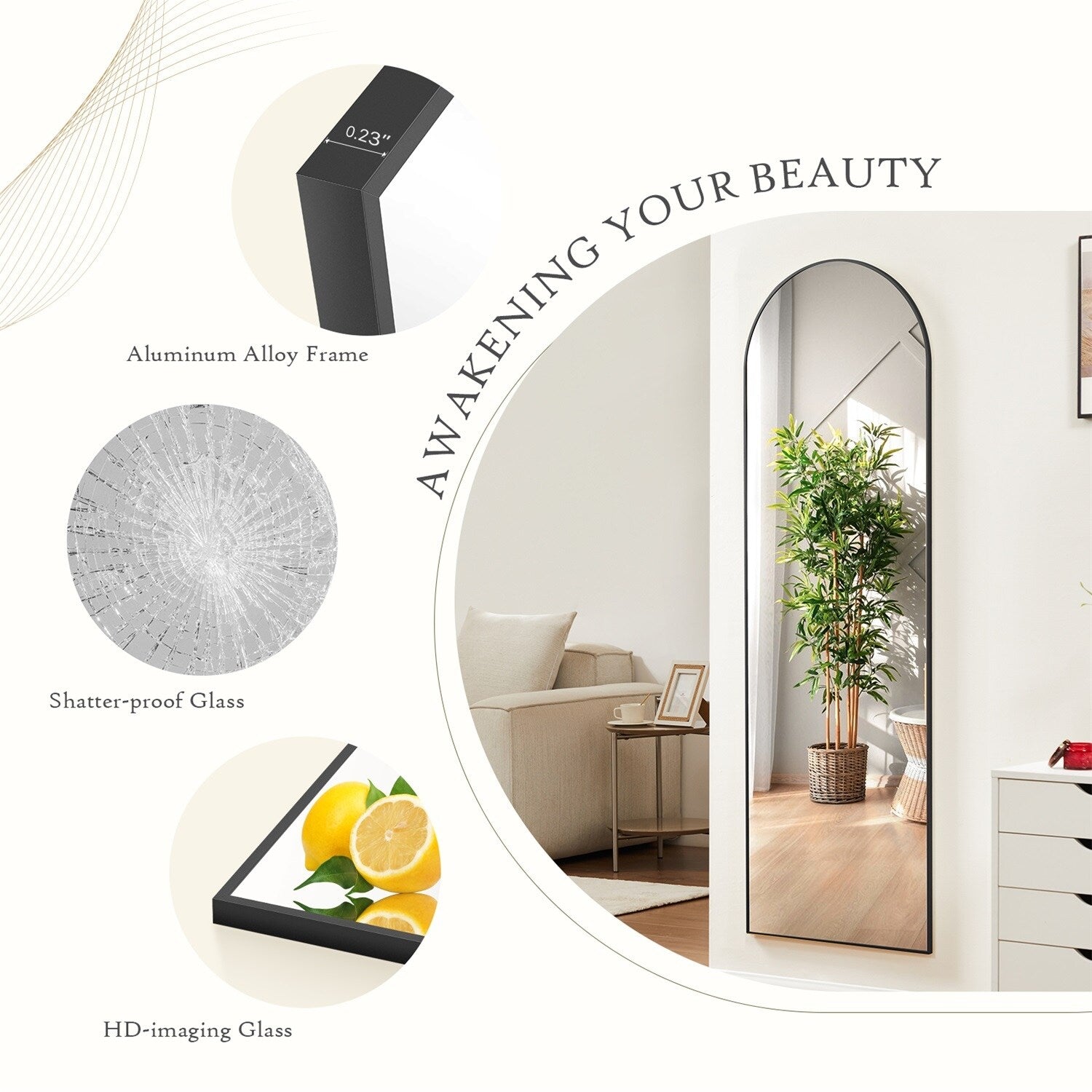 Miroir pleine longueur avec support, miroir de sol avec cadre en alliage d'aluminium pour chambre à coucher, miroir mural sur pied pour vestiaire