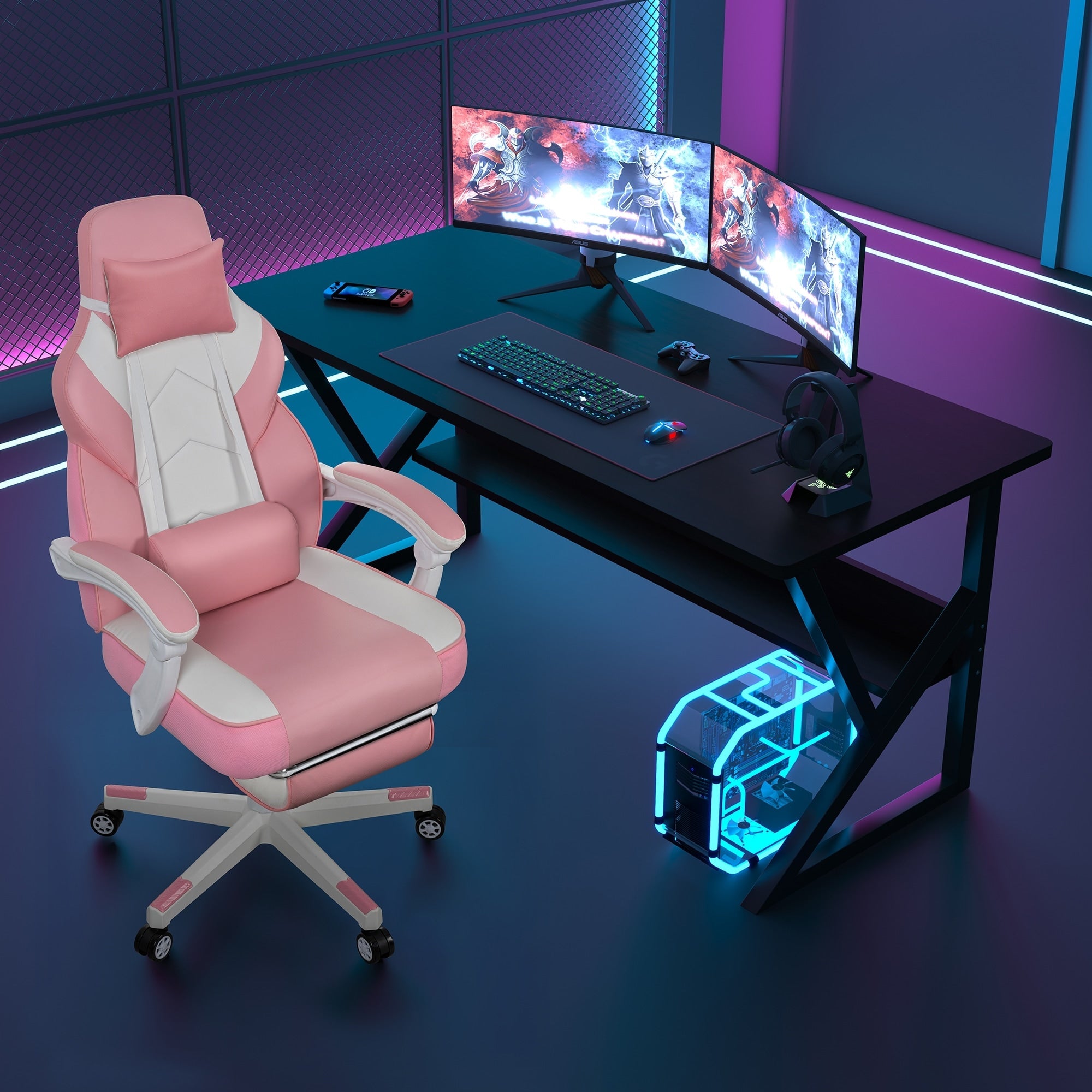 Chaise de bureau gaming Futzca en cuir synthétique avec appui-tête, repose-pieds et support lombaire massant