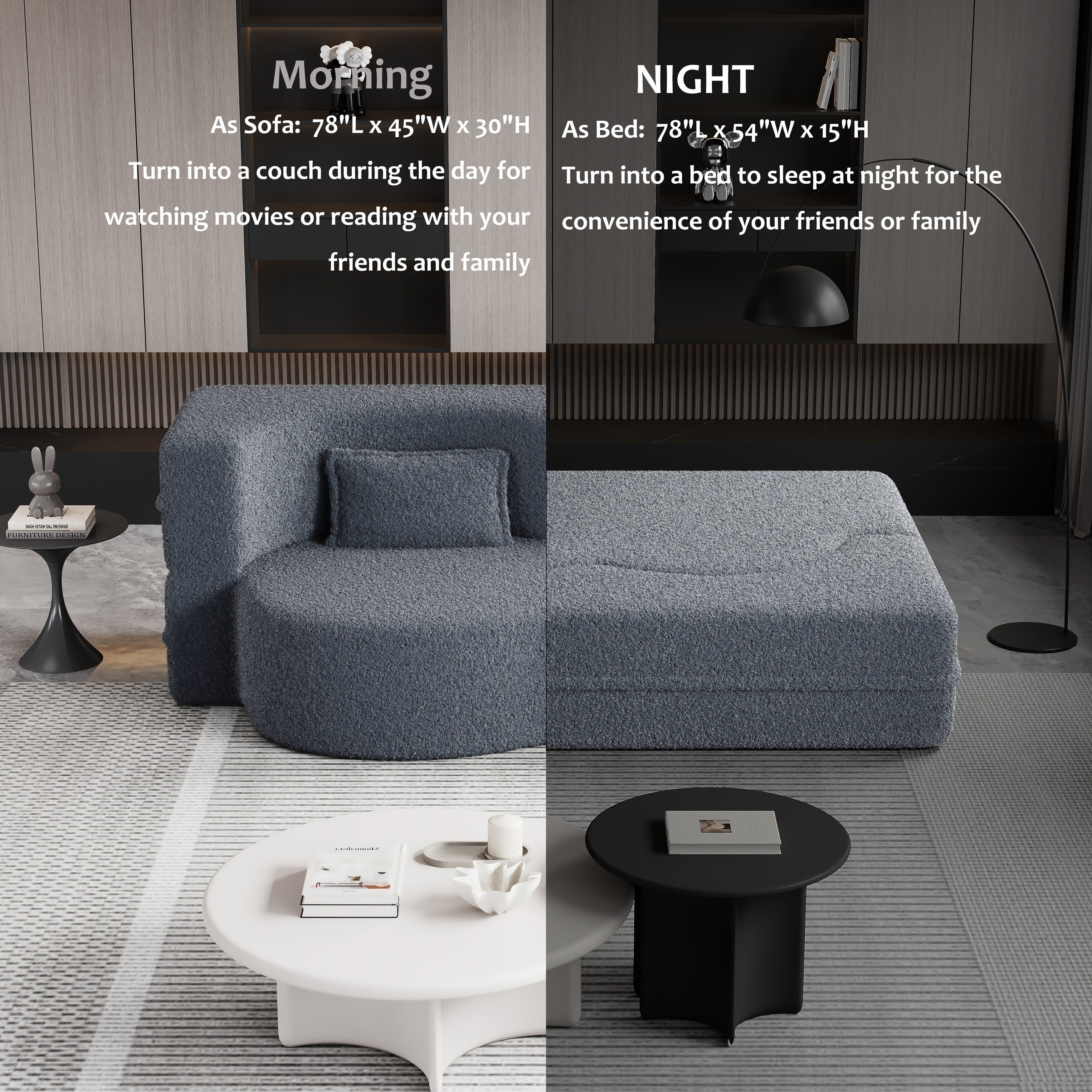 Canapé-lit convertible en tissu Teddy gris 78 pouces, garni de mousse, avec 2 oreillers et matelas pliant pour le salon