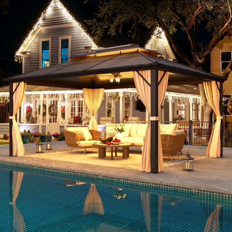 Tonnelle à toit rigide pour jardin – Pergola permanente avec filet, rideaux et double toit, abri extérieur toutes saisons