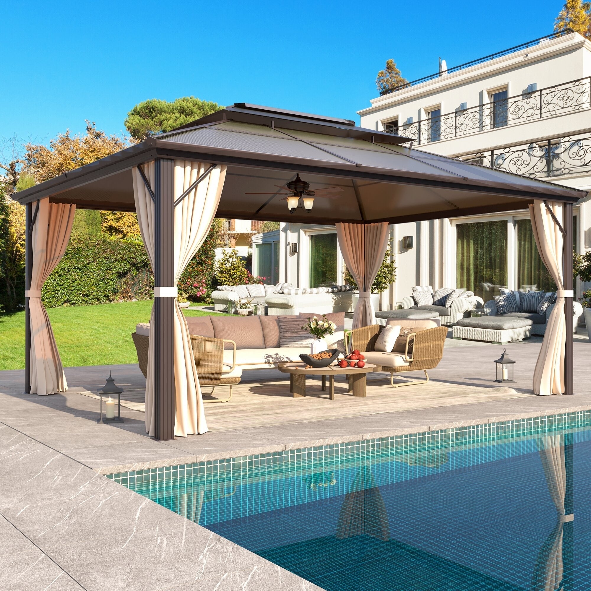 Gazebo à toit rigide EROMMY, pergola d'extérieur avec double toit, filet et rideaux, auvent robuste pour patio, arrière-cour, fête au bord de la piscine
