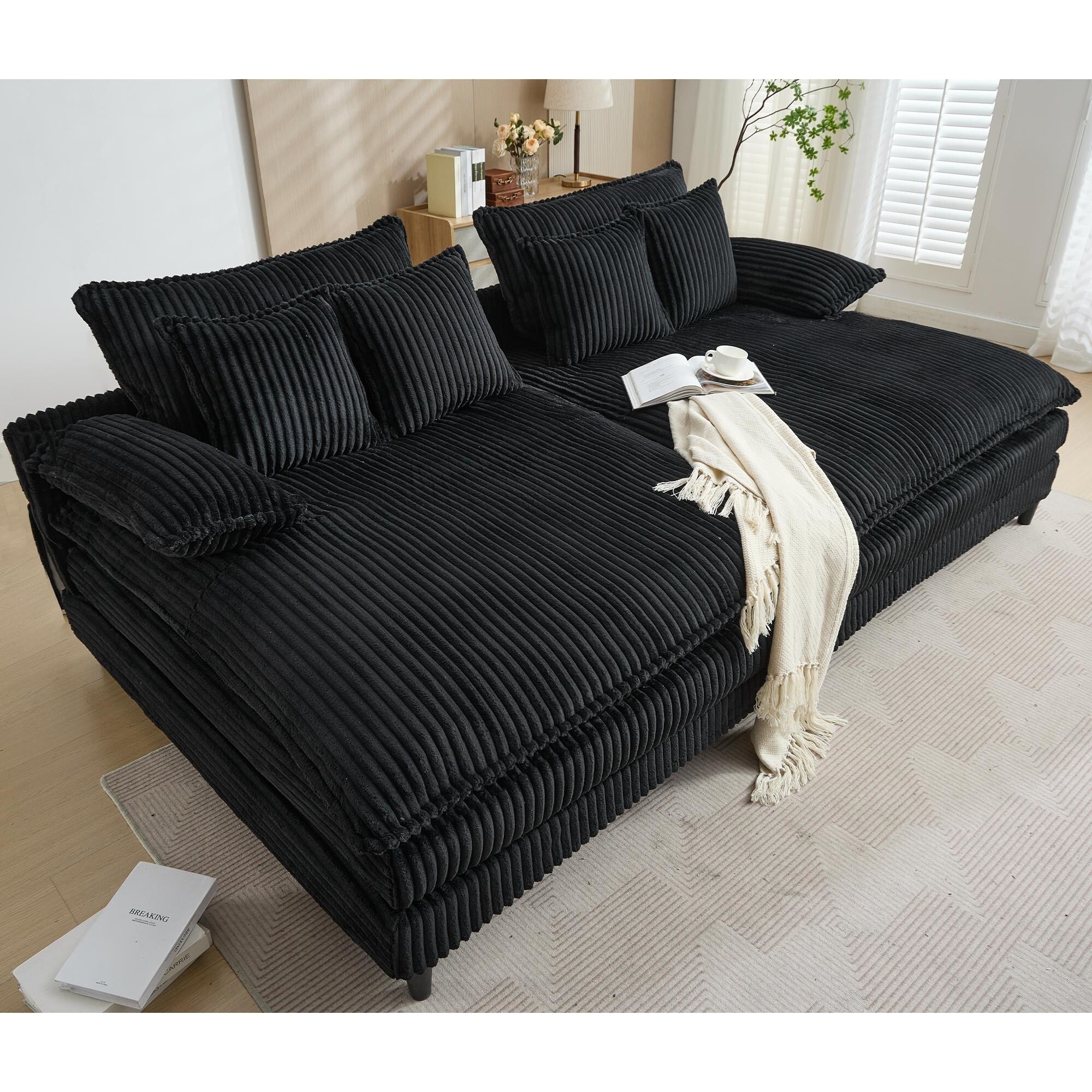 Canapé-lit Harmonia 109 W surdimensionné en velours côtelé, siège profond, double méridienne avec 4 oreillers