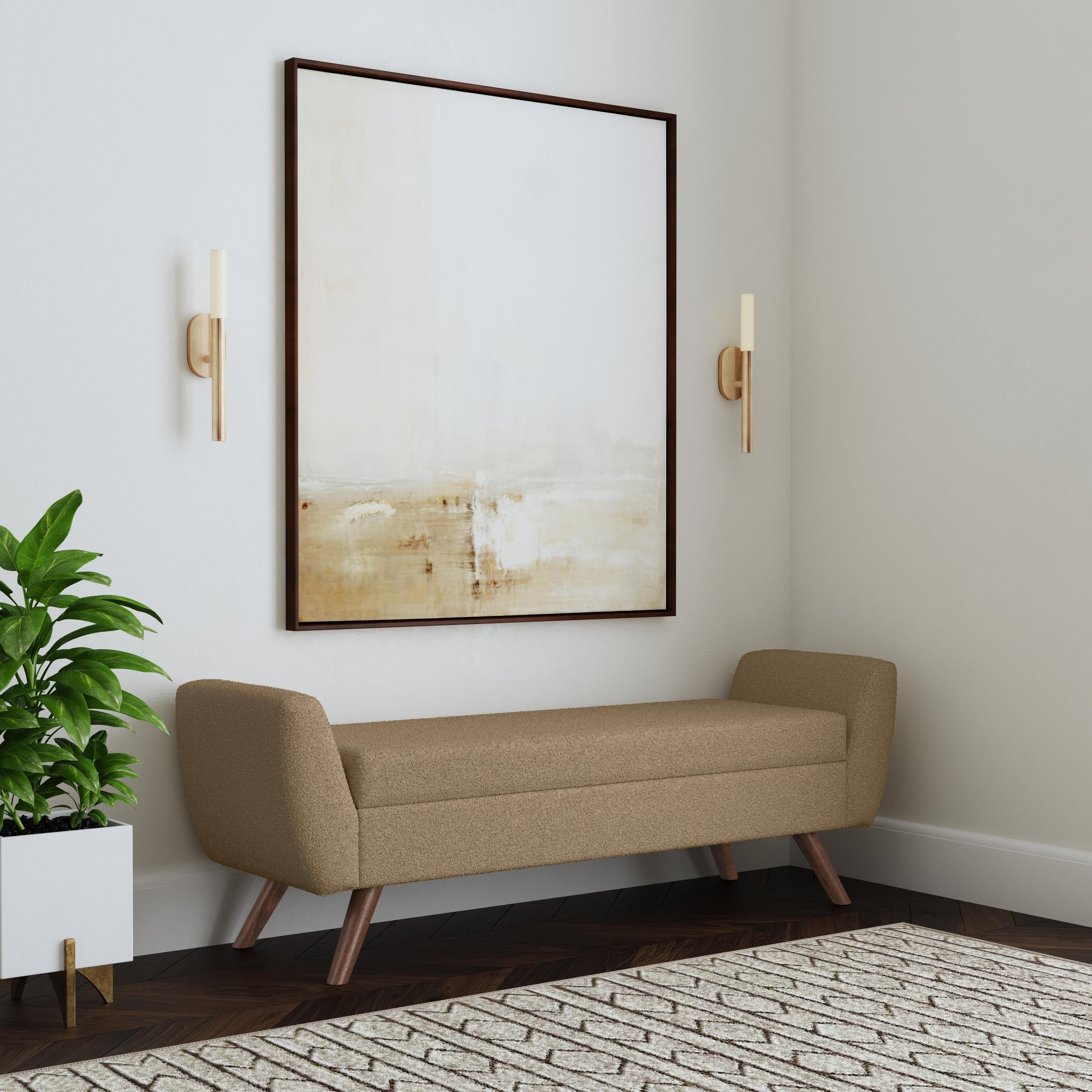 Banc de rangement moderne en sherpa avec pieds en bois HomePop