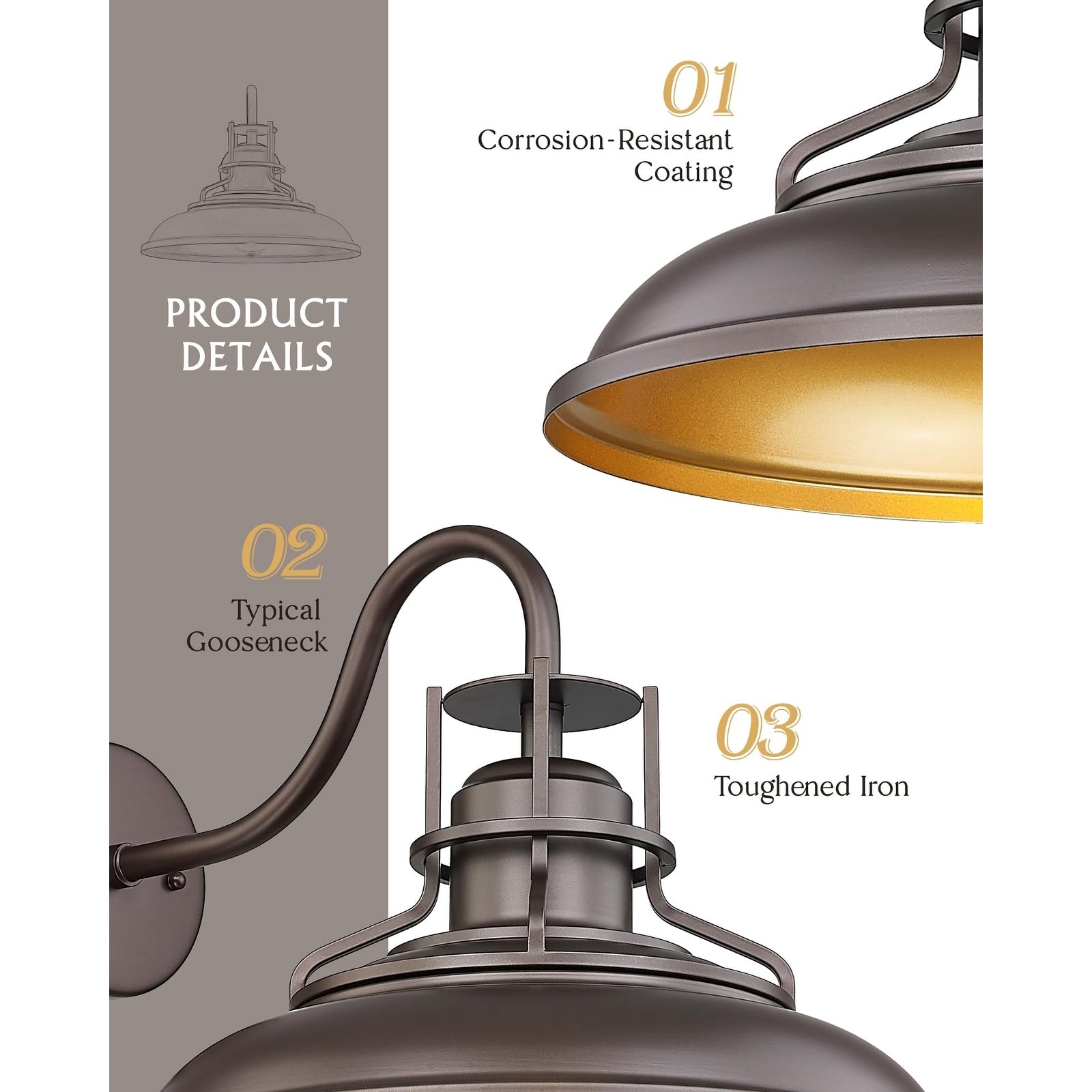 Appliques murales d'intérieur et d'extérieur, appliques murales à col de cygne, lampe murale de ferme vintage, finition bronze huilé