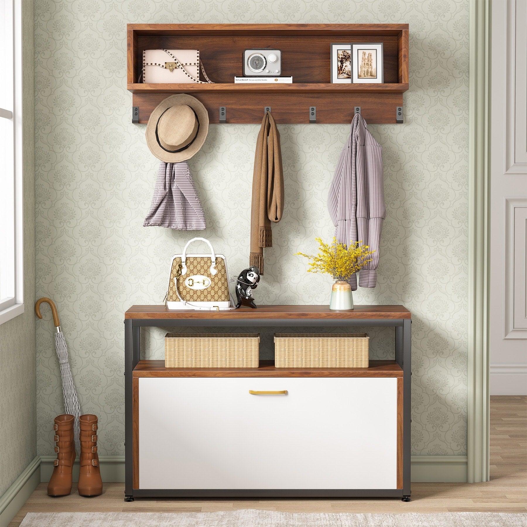 Ensemble de porte-manteaux et de bancs à chaussures pour entrée, porte-manteaux et porte-chaussures de style industriel