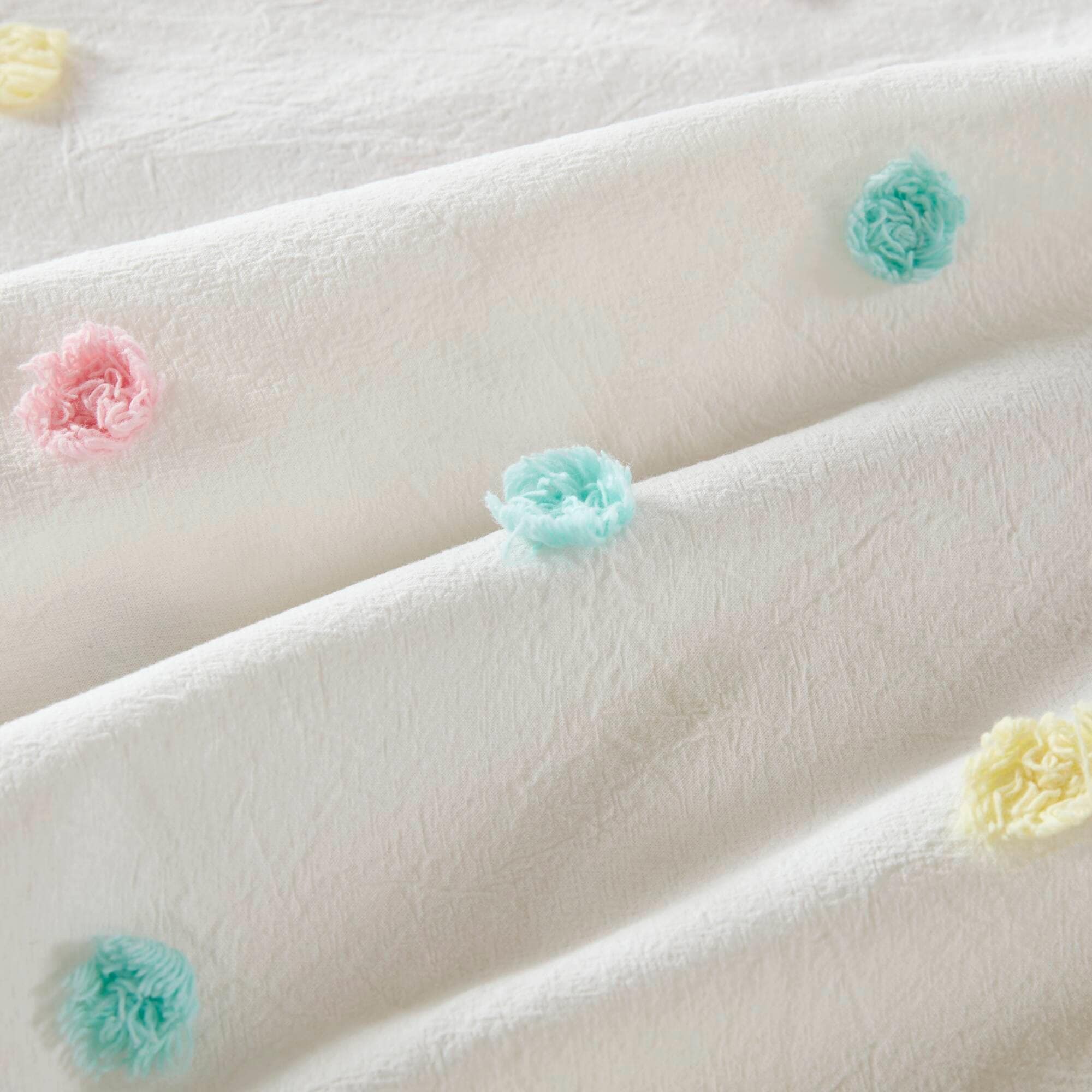 Parure de lit en jacquard de coton à pompons Ensley pour enfants, design intelligent, avec coussins décoratifs