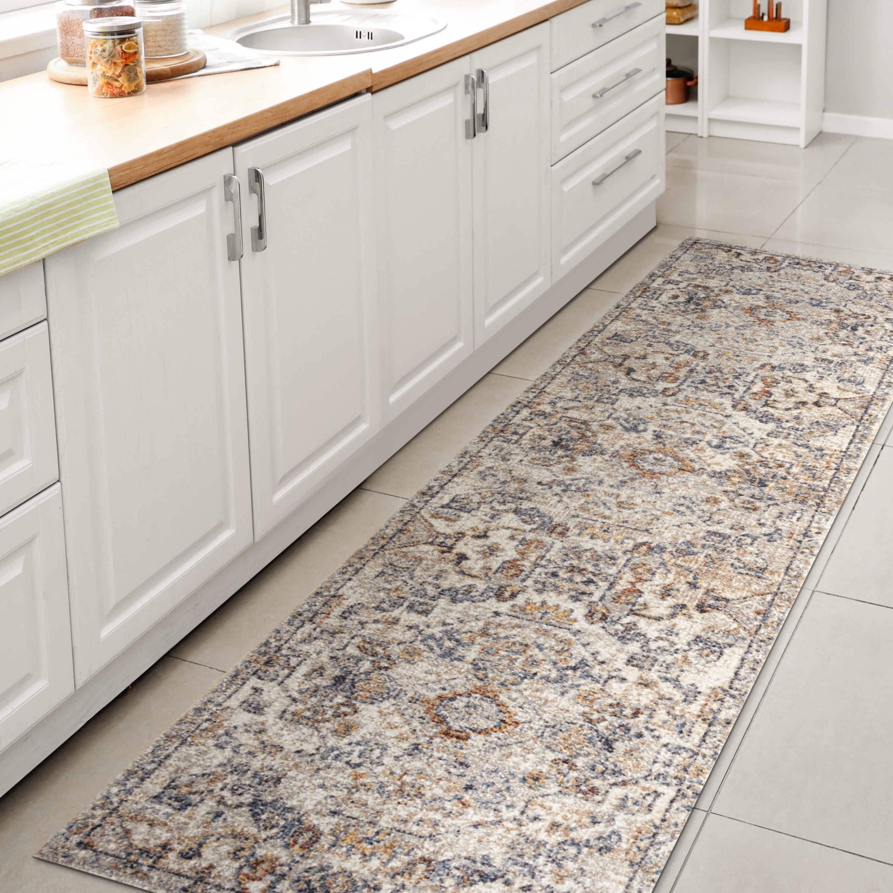 Tapis à poils ras JONATHAN Y Brandy Bohemian Medallion, lavable en machine, couleur crème/terra