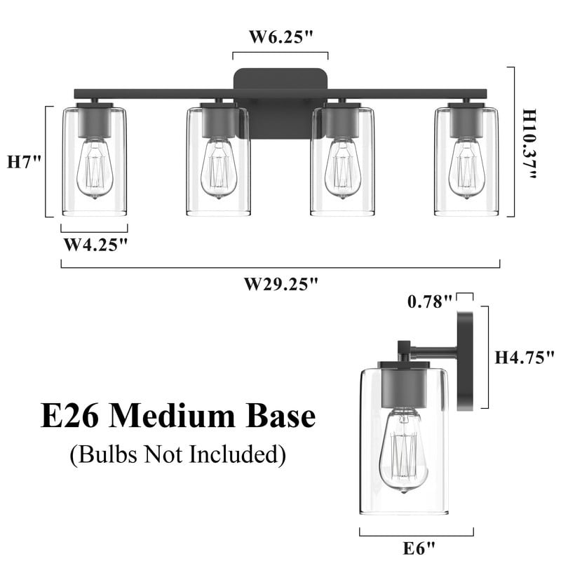 KAWOTI Lampe de salle de bain moderne à 4 lumières de 29 pouces avec abat-jour en verre transparent