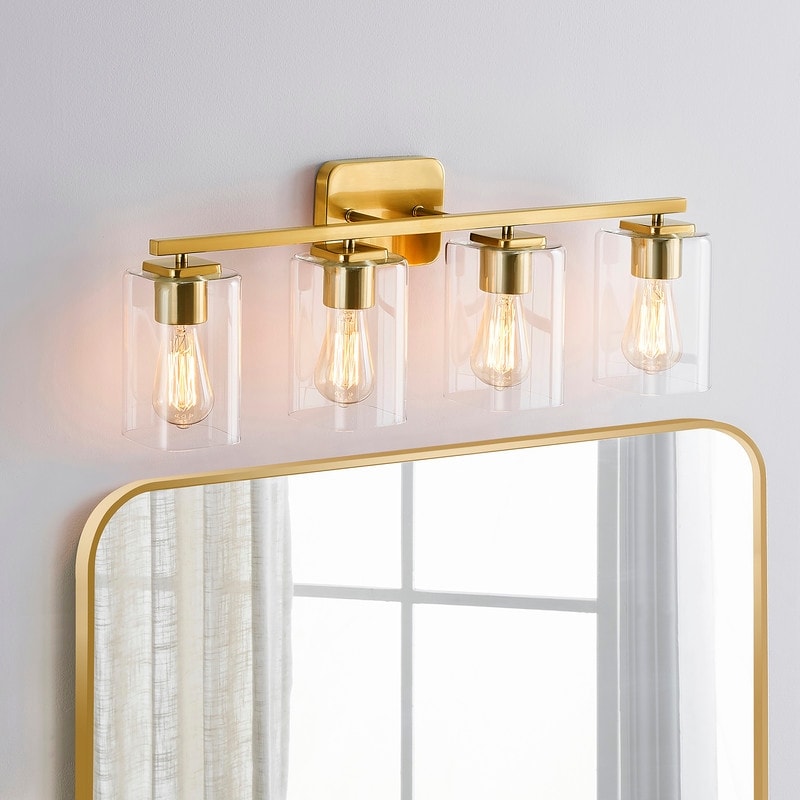 KAWOTI Lampe de salle de bain moderne à 4 lumières de 29 pouces avec abat-jour en verre transparent