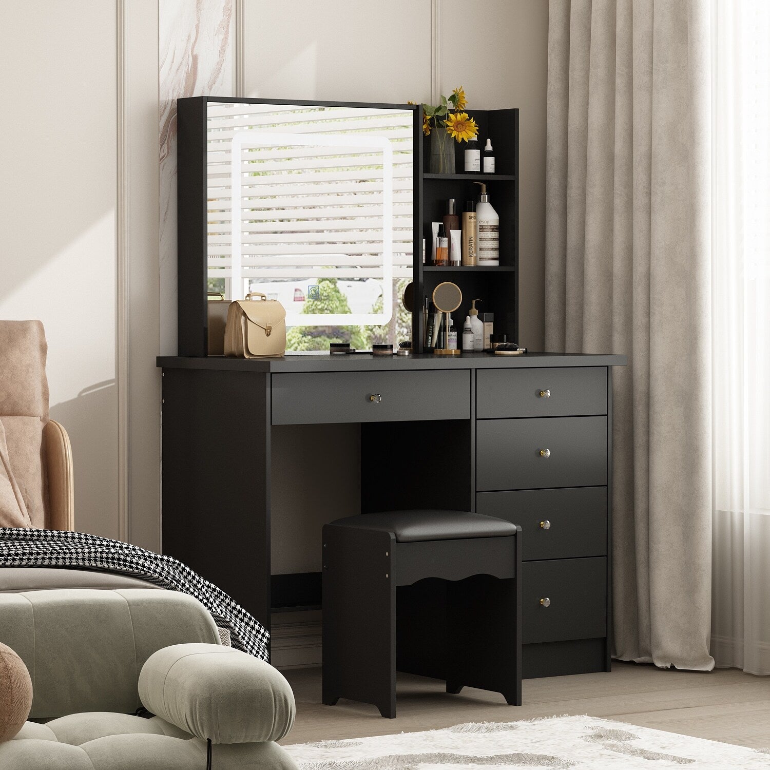 Coiffeuse Kerrogee avec miroir éclairé réglable et tabouret - 39,4 L x 19,7 l x 53,5 H