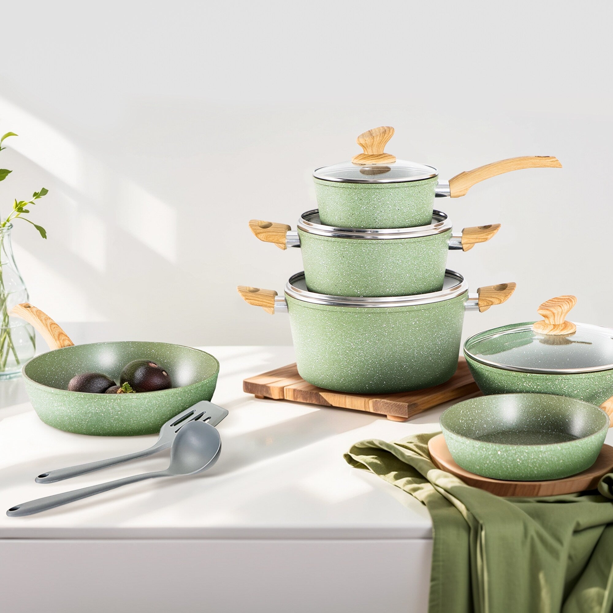 Batterie de cuisine antiadhésive, ensemble de 12 casseroles et poêles en granit