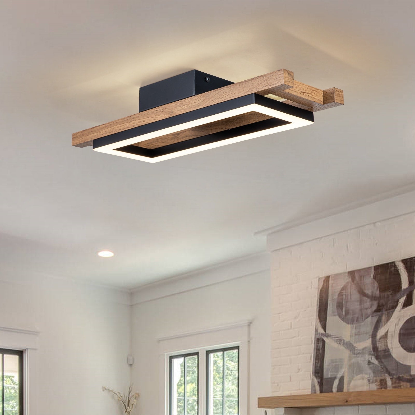 Integrated LED Rectangle Wood Semi Flush Mount Ceiling Light for Hallway Foyer