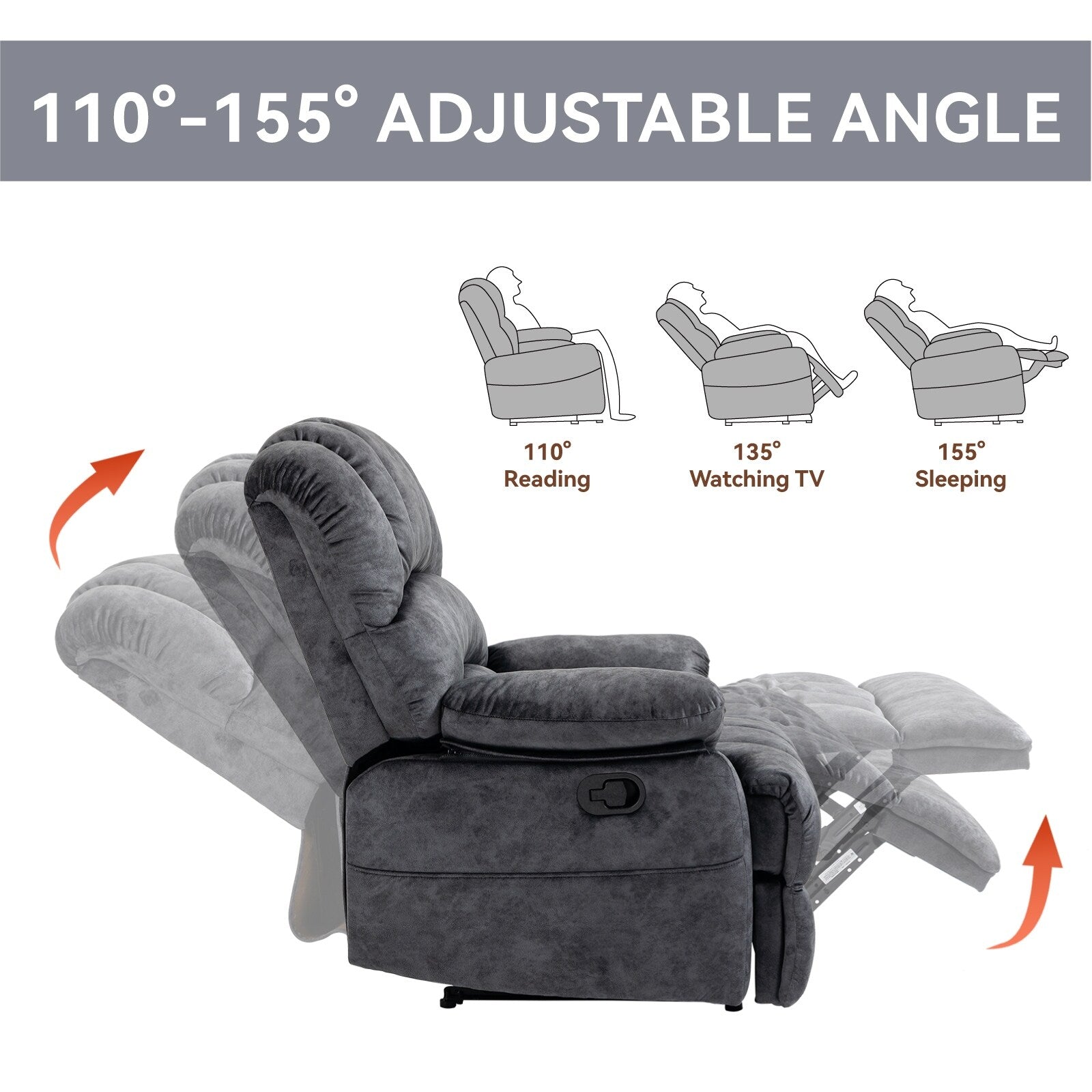 Grand fauteuil inclinable manuel pour adulte, canapé inclinable simple en tissu confortable, fauteuil inclinable rembourré pour salon