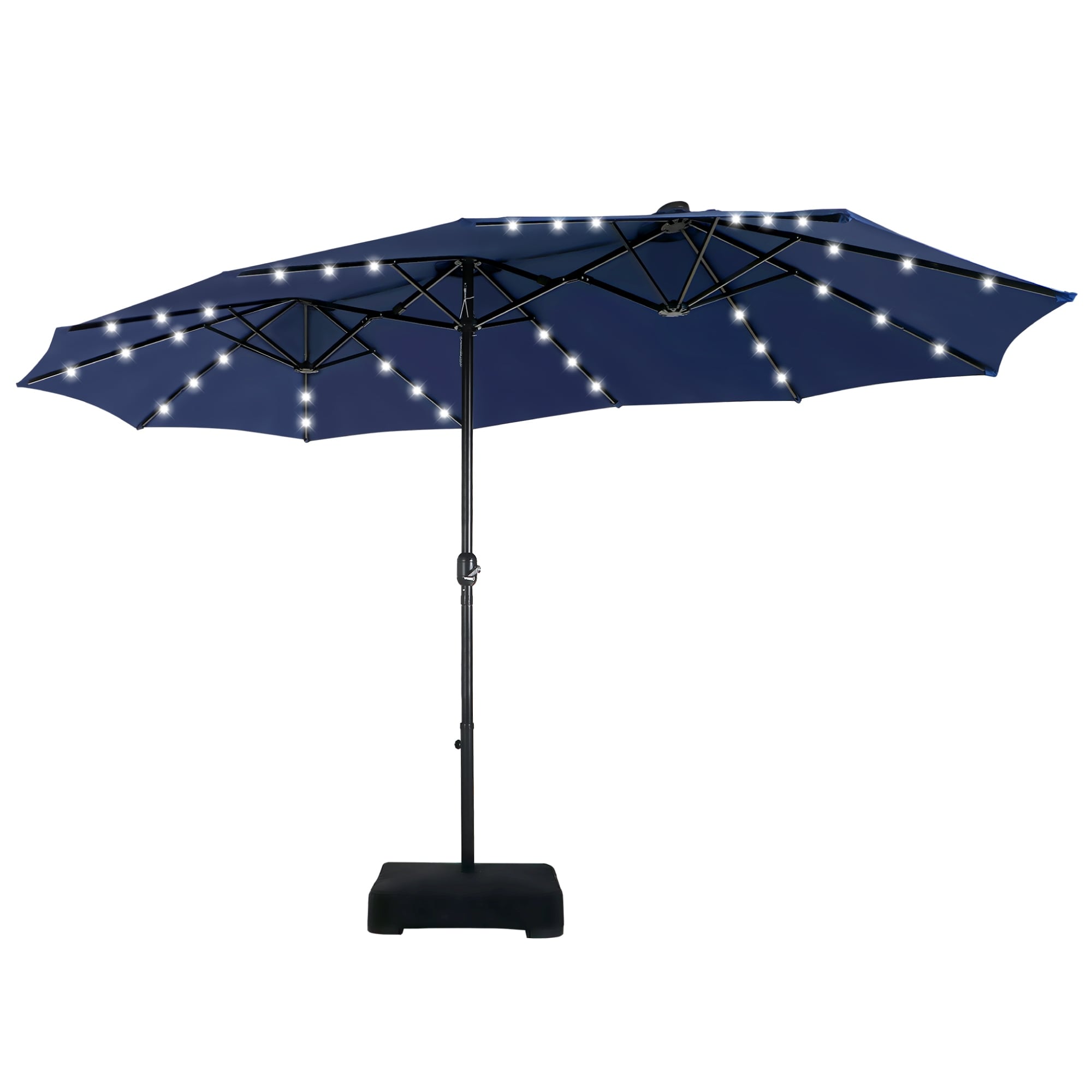 MAISON ARTS Parasol de marché extérieur rectangulaire à manivelle double face de 15 pieds Parasol de patio éclairé par LED solaire avec base incluse