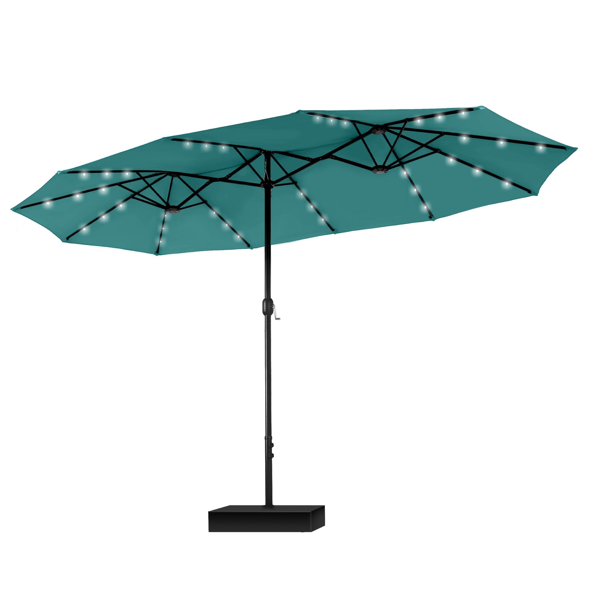 MAISON ARTS Parasol de marché extérieur rectangulaire à manivelle double face de 15 pieds Parasol de patio éclairé par LED solaire avec base incluse