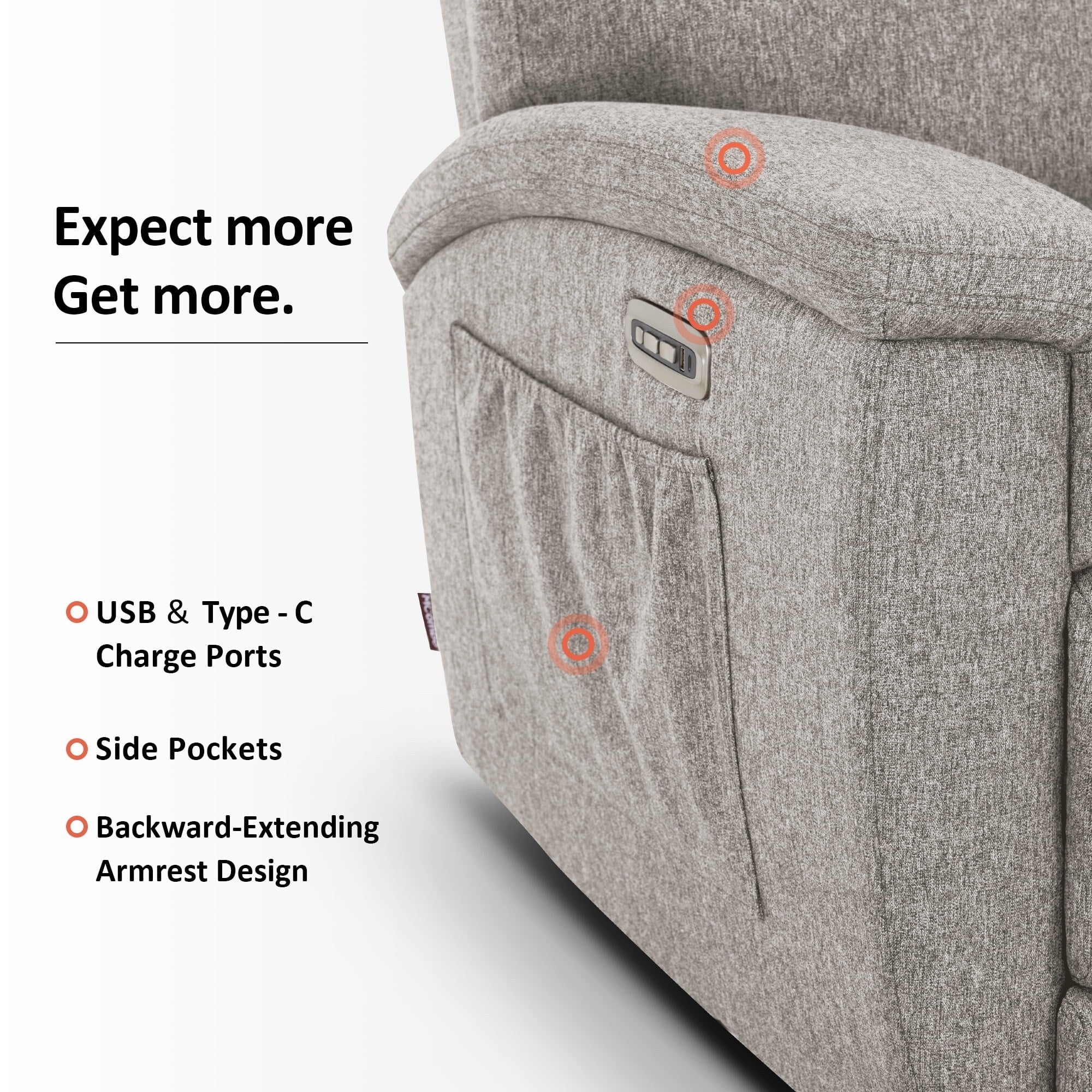 Canapé inclinable électrique MCombo 60.2 avec massage et double chauffage, appui-tête réglable, ports USB et Type-C, tissu