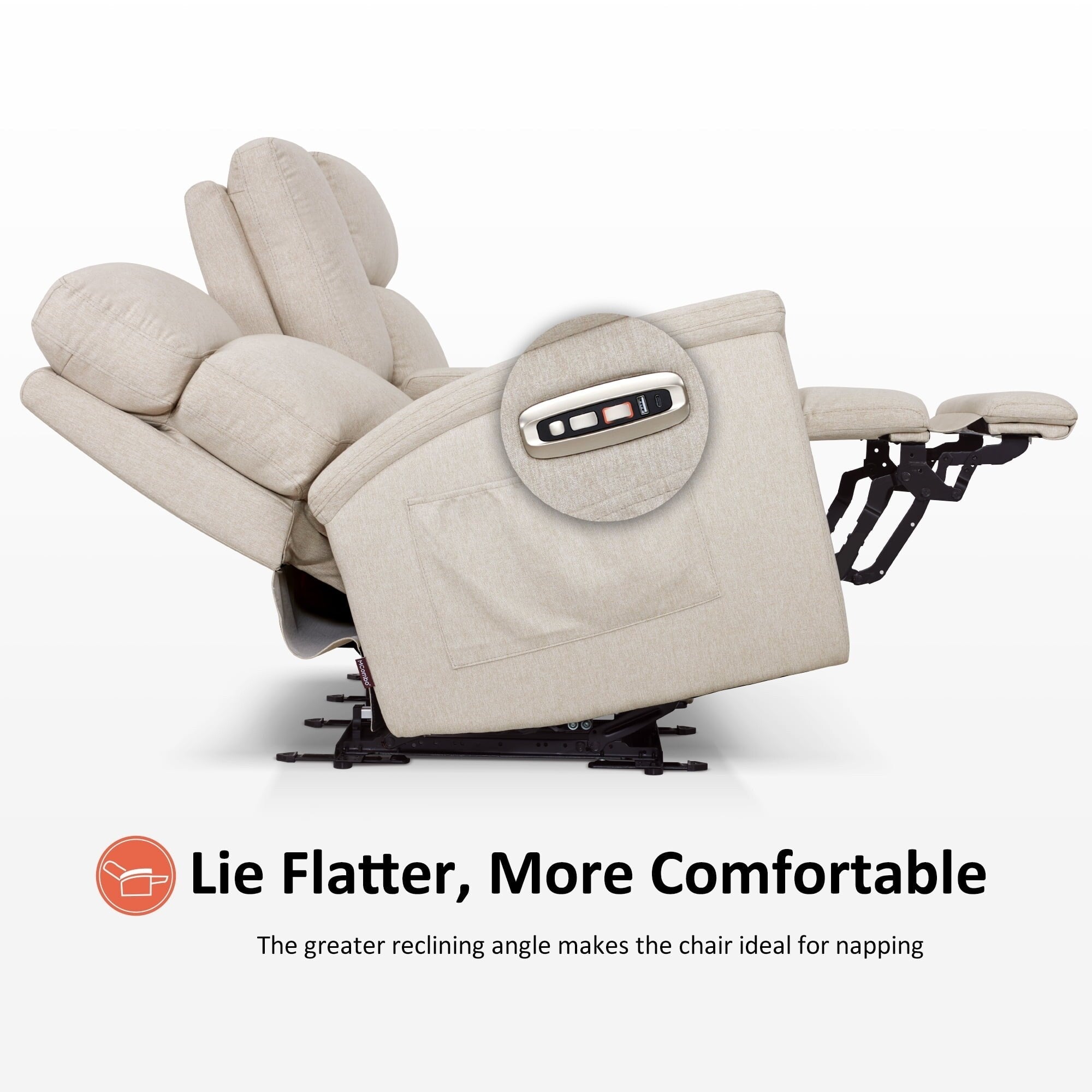 Canapé inclinable électrique MCombo 60.2 avec massage et double chauffage, appui-tête réglable, ports USB et Type-C, tissu