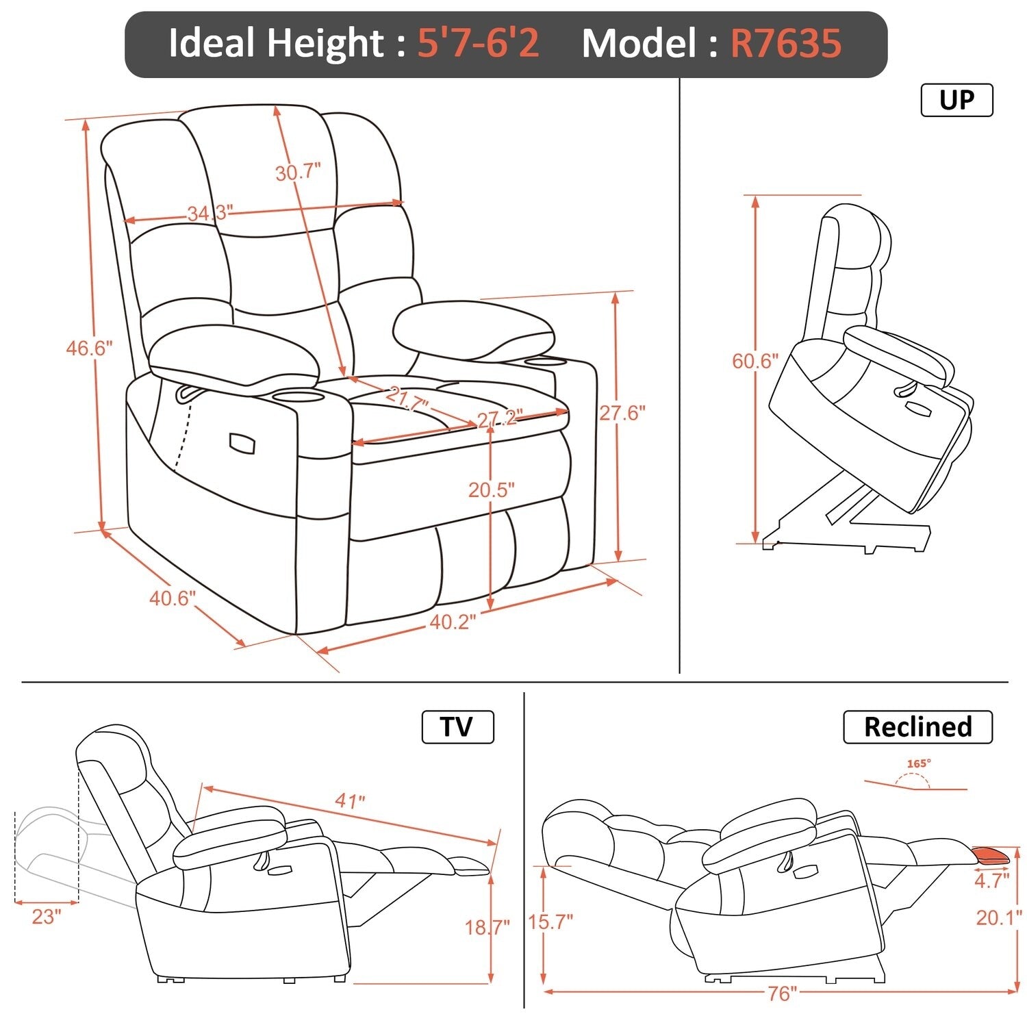 Fauteuil inclinable électrique à double moteur MCombo, grand format, avec massage et double chauffage, pour personnes âgées de grande taille, tissu R7635