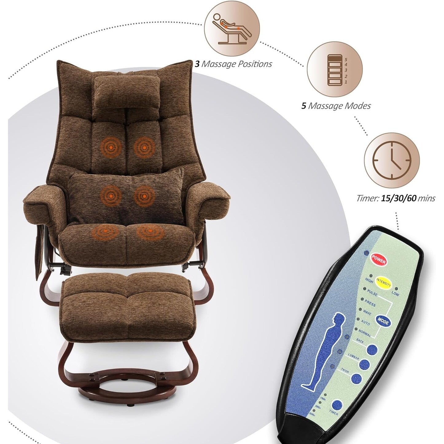 Ensemble de 2 fauteuils inclinables pivotants avec pouf et coussin de nuque, tissu chenille