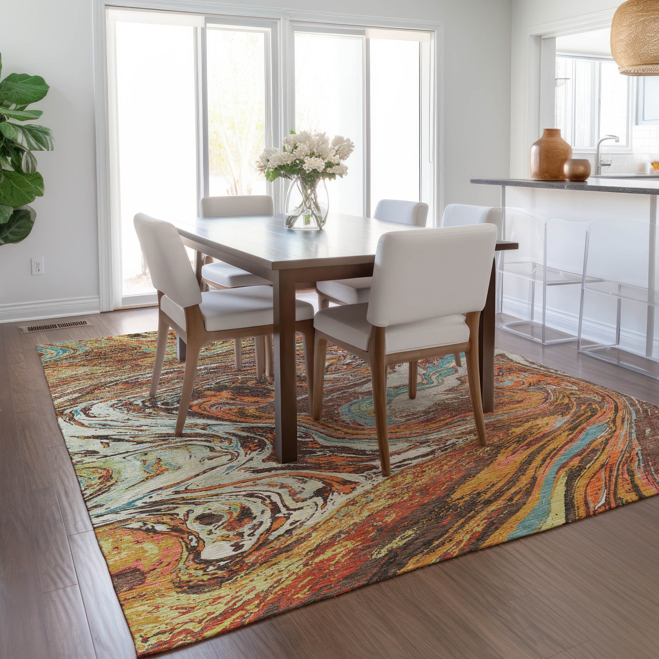 Tapis Chantille abstrait à motifs de coups de pinceau, lavable en machine, pour intérieur et extérieur