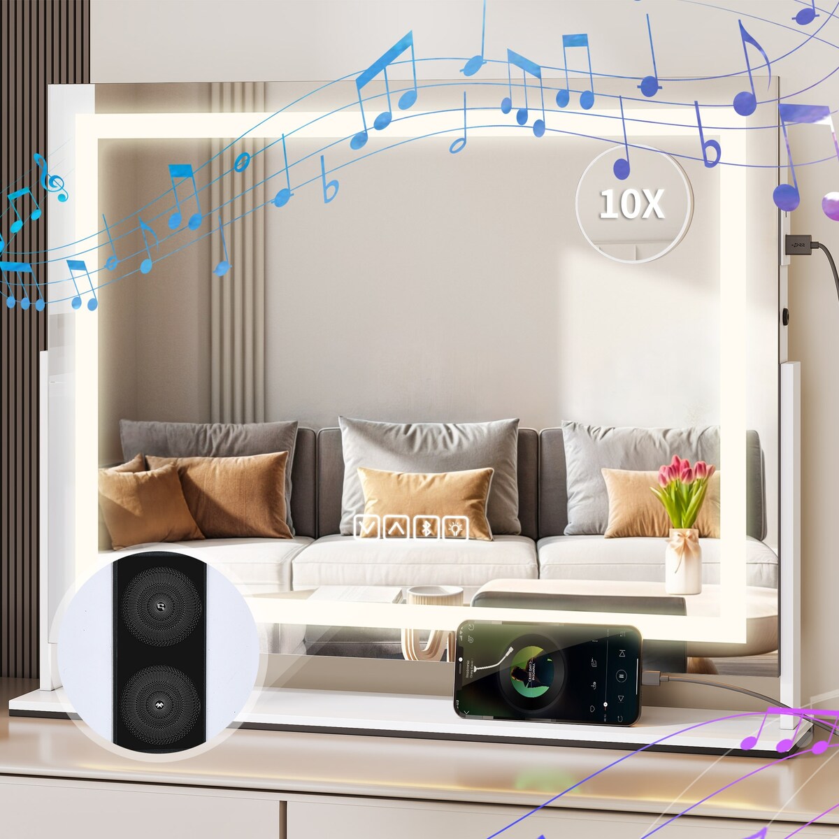 Miroir de maquillage Moasis avec éclairage LED, port de chargement USB, grossissement x10, haut-parleur Bluetooth