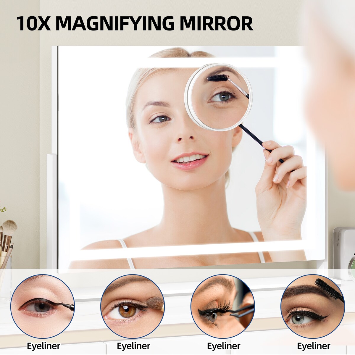 Miroir de maquillage Moasis avec éclairage LED, port de chargement USB, grossissement x10, haut-parleur Bluetooth