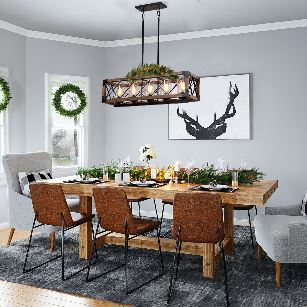 Lustre rectangulaire en bois à 5 lumières de style ferme moderne, avec verre grainé et îlot de cuisine pour salle à manger – 31,5 L x 8,75 l x 8 H