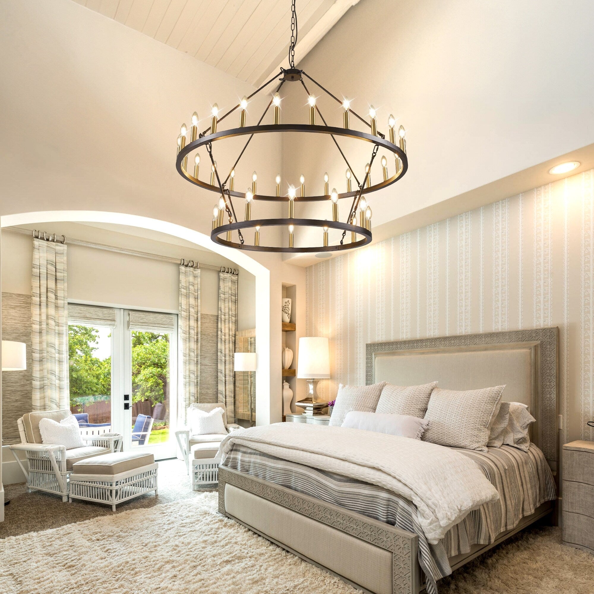 Lustre de ferme moderne à 2 niveaux, lustre rond en forme de roue de chariot, grand plafonnier haut.