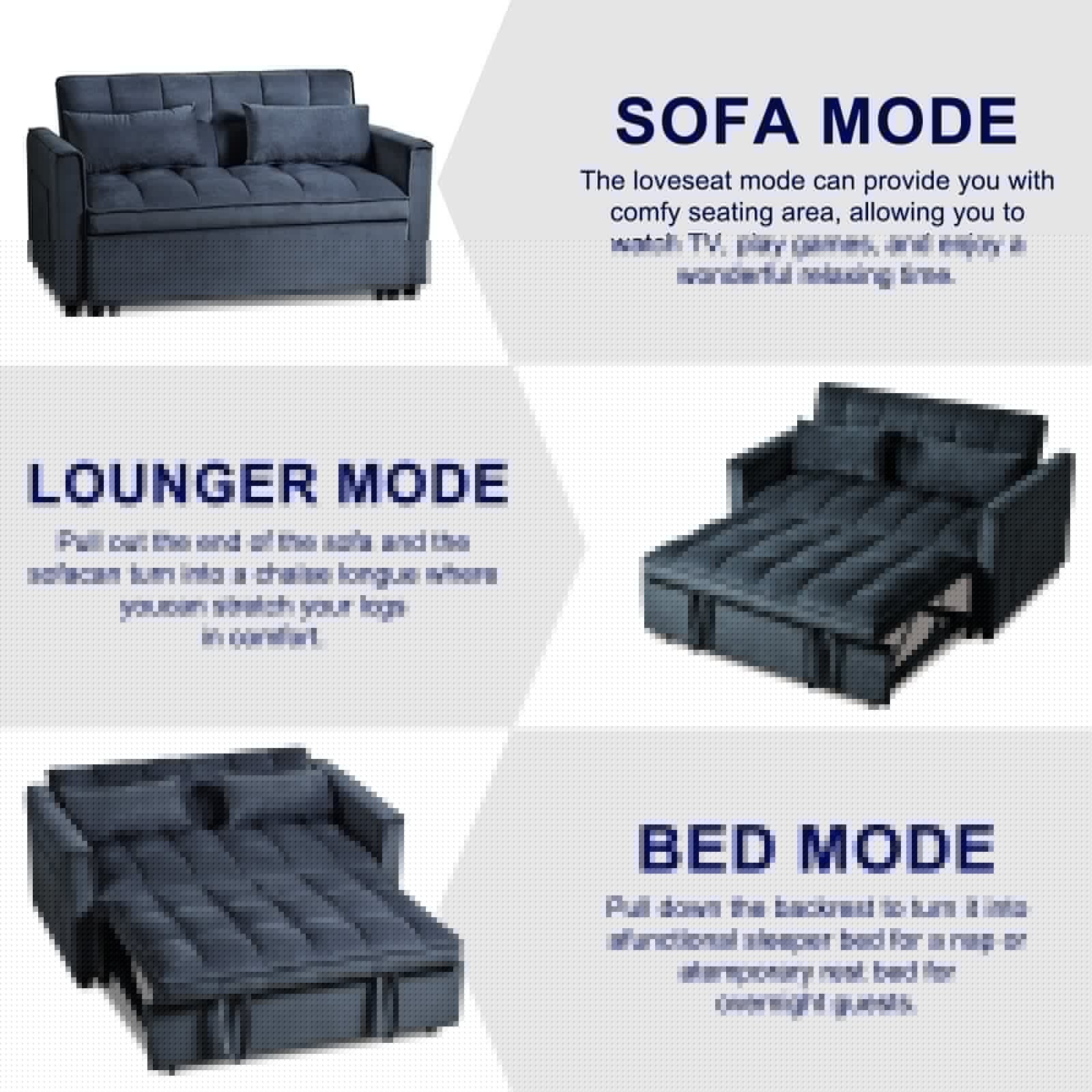 Canapé-lit gigogne moderne, canapé-lit 3 en 1 avec dossier réglable, causeuse en velours, oreillers et poches latérales