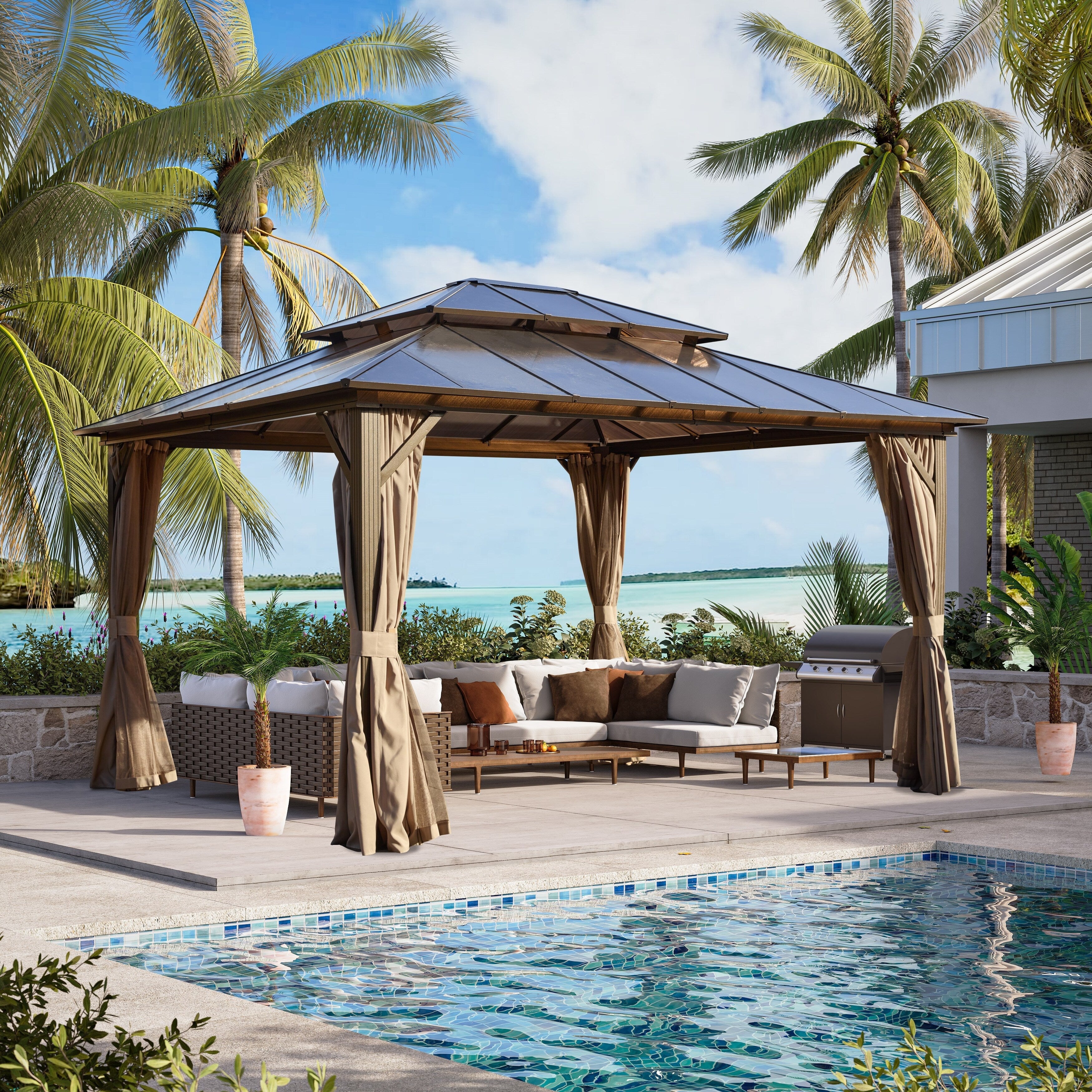 Gazebo à toit rigide EROMMY, pergola d'extérieur avec double toit, filet et rideaux, auvent robuste pour patio, arrière-cour, fête au bord de la piscine