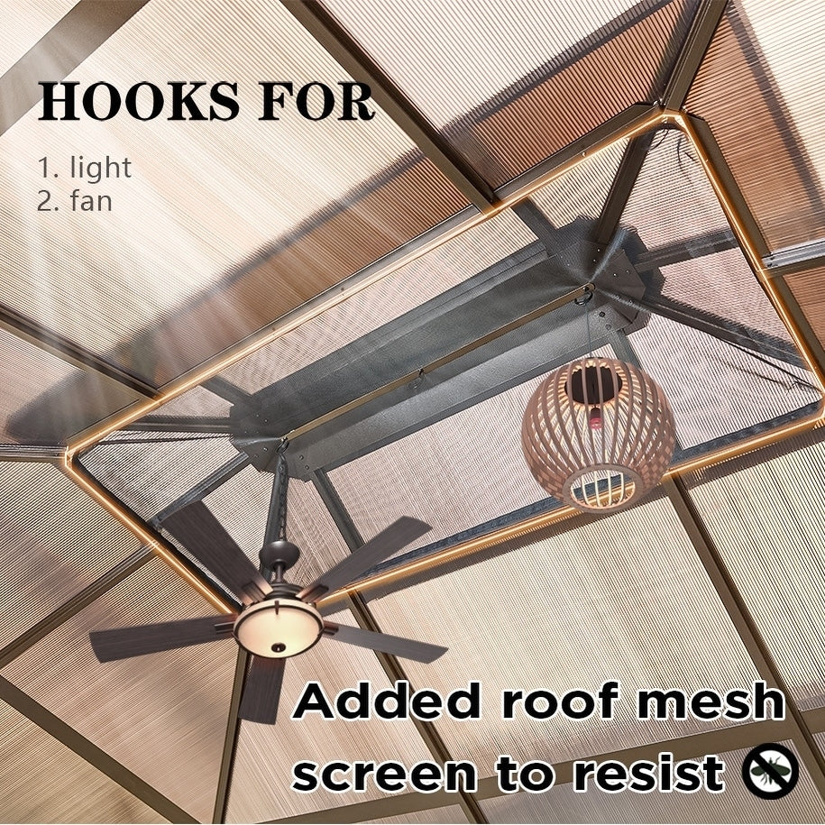 Gazebo à toit rigide EROMMY, pergola d'extérieur avec double toit, filet et rideaux, auvent robuste pour patio, arrière-cour, fête au bord de la piscine