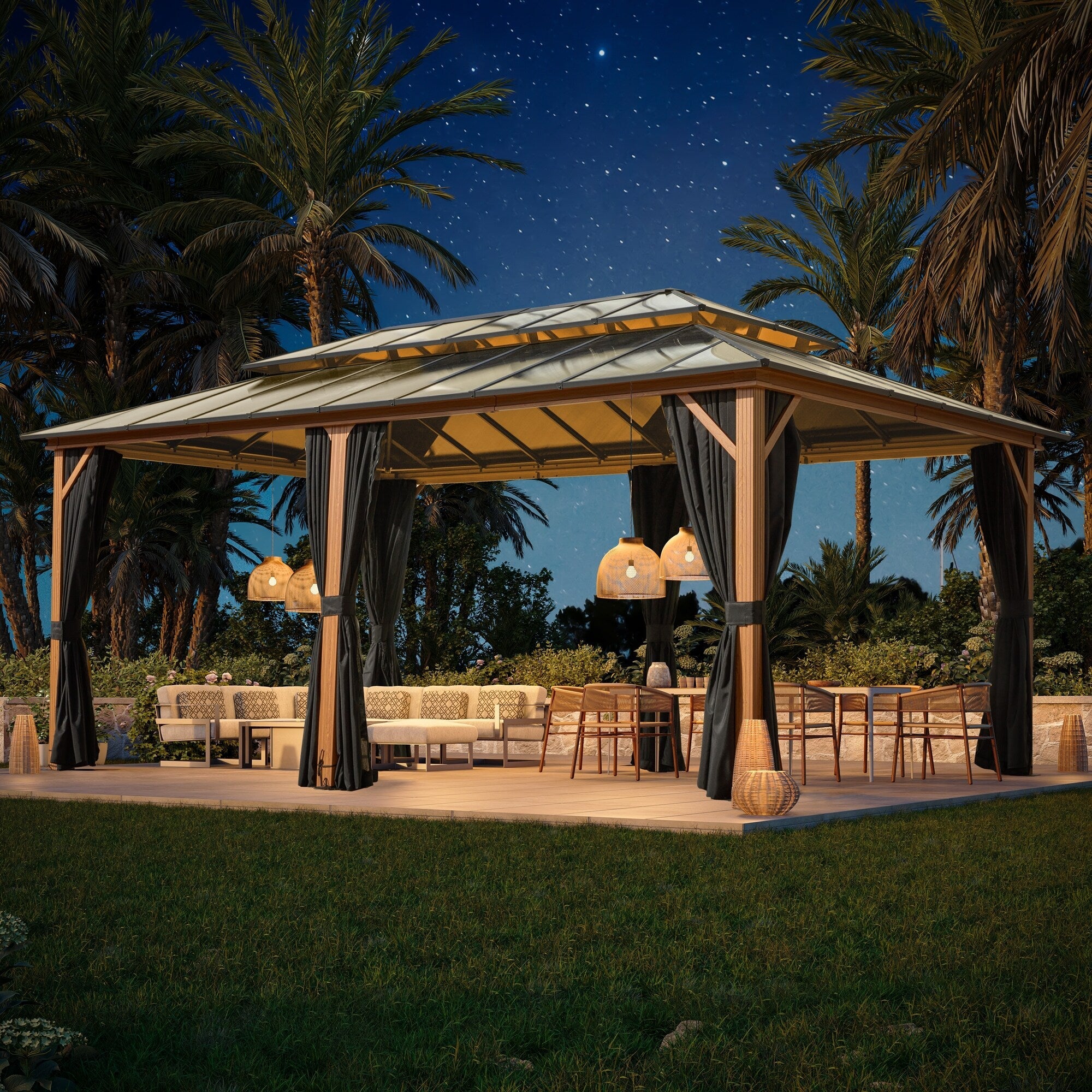 Gazebo à toit rigide EROMMY, pergola d'extérieur avec double toit, filet et rideaux, auvent robuste pour patio, arrière-cour, fête au bord de la piscine