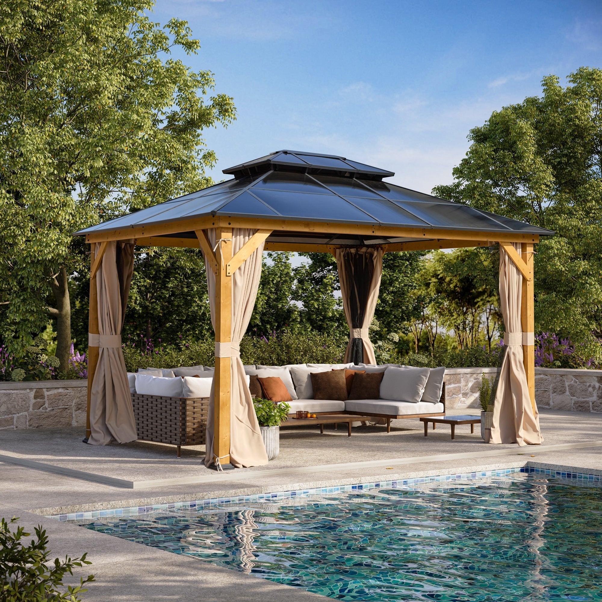 Gazebo à toit rigide EROMMY, pergola d'extérieur avec double toit, filet et rideaux, auvent robuste pour patio, arrière-cour, fête au bord de la piscine