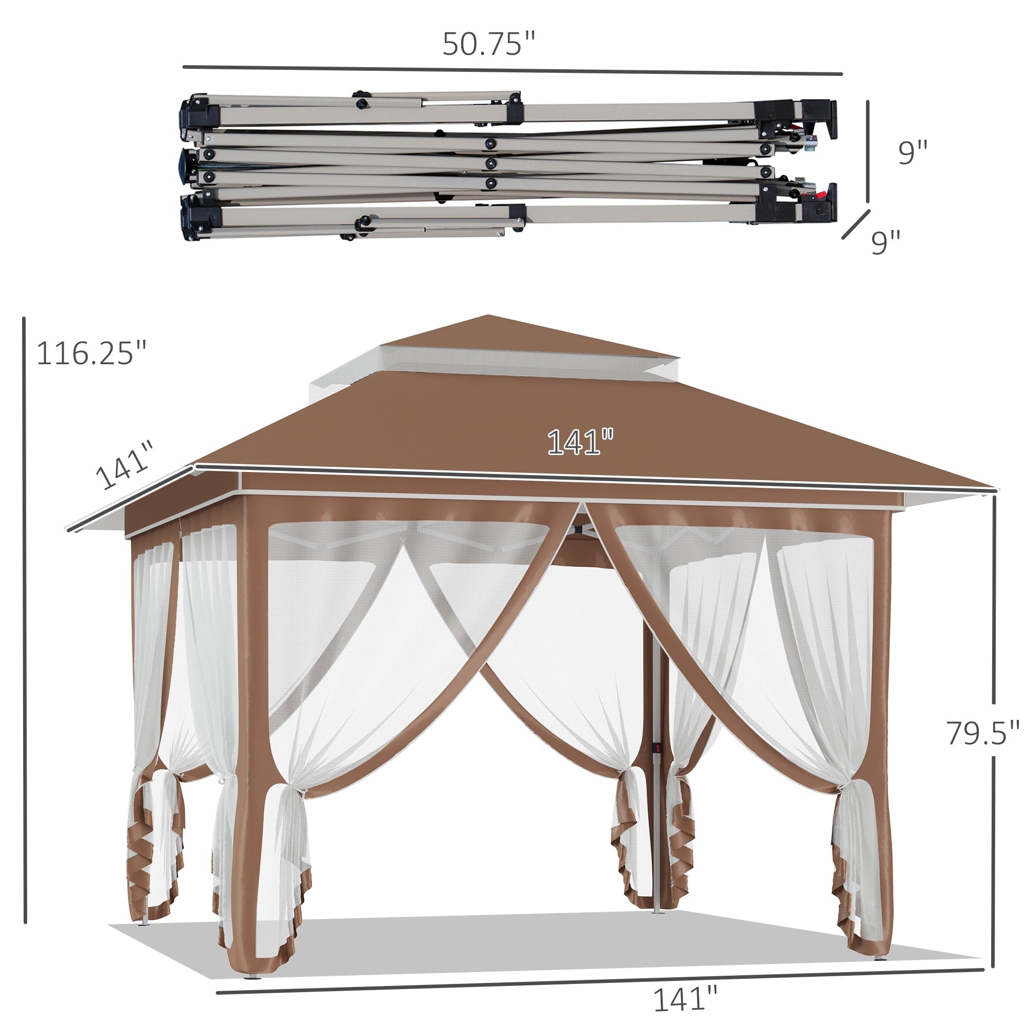 Outsunny 12' x 12' Pop Up Canopy Sun Shade Tente instantanée pliable avec filet latéral en maille, hauteur réglable sur 3 niveaux