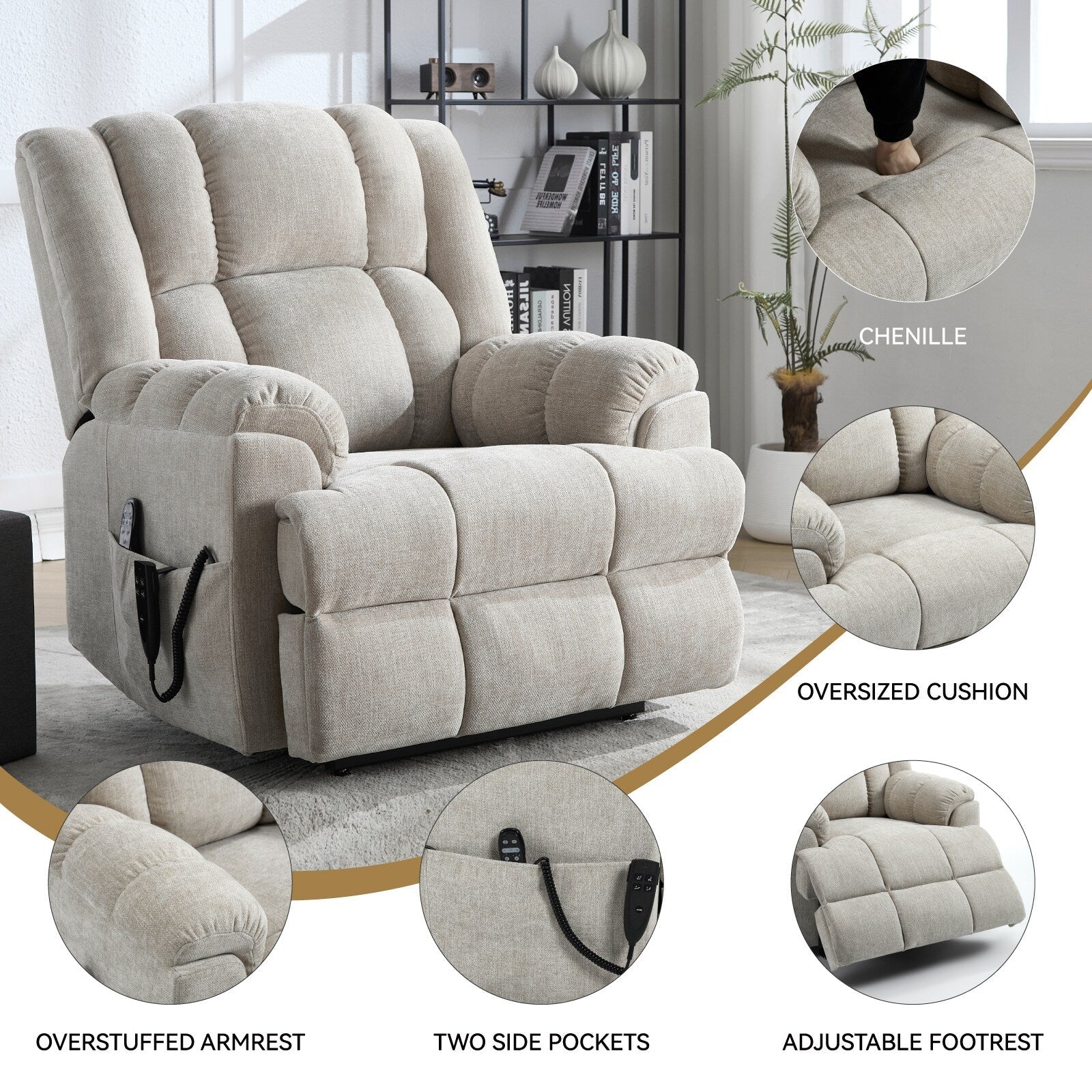 Fauteuil inclinable électrique surdimensionné en chenille avec massage et chauffage lombaire, inclinable en position infinie