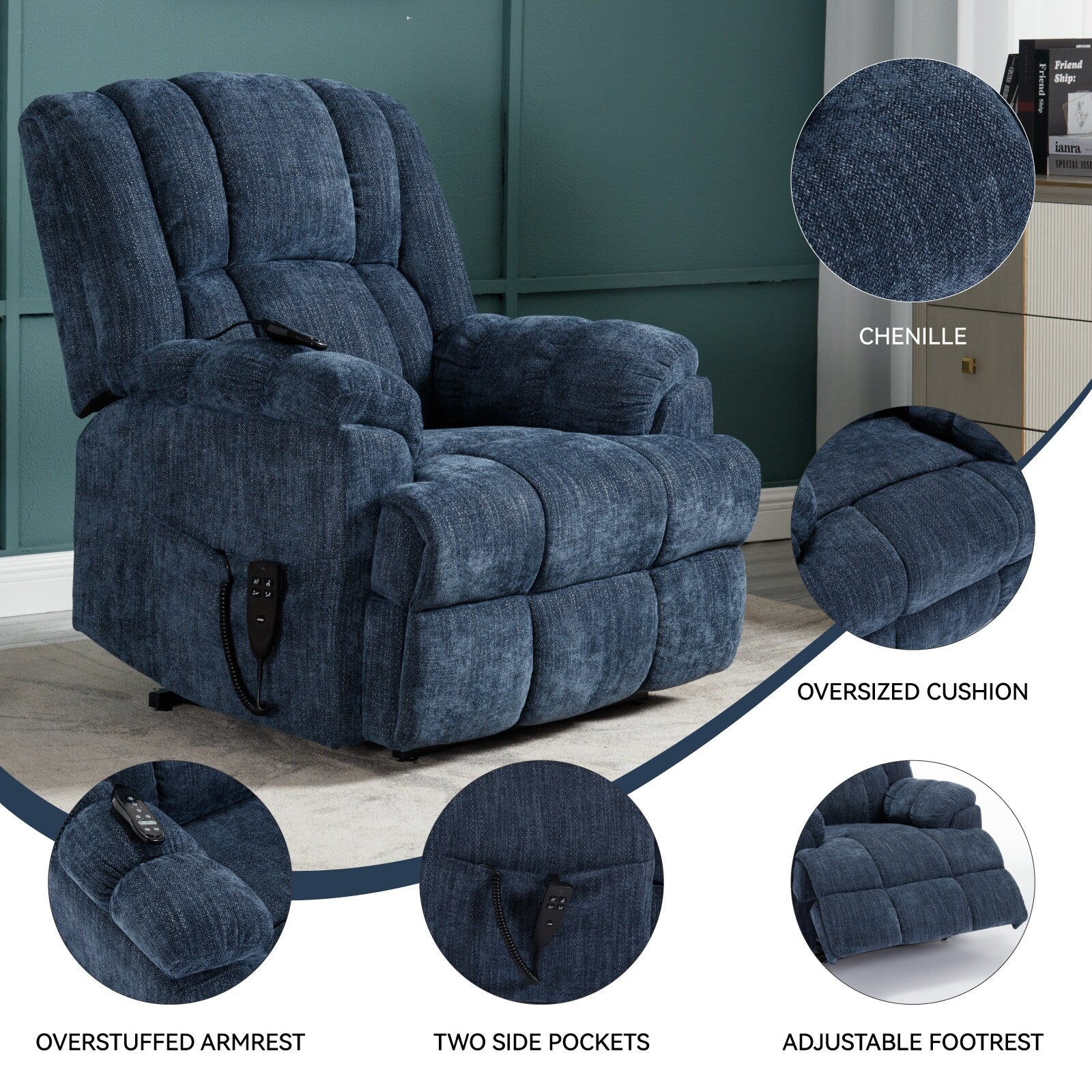 Fauteuil inclinable électrique surdimensionné en chenille avec massage et chauffage lombaire, inclinable en position infinie
