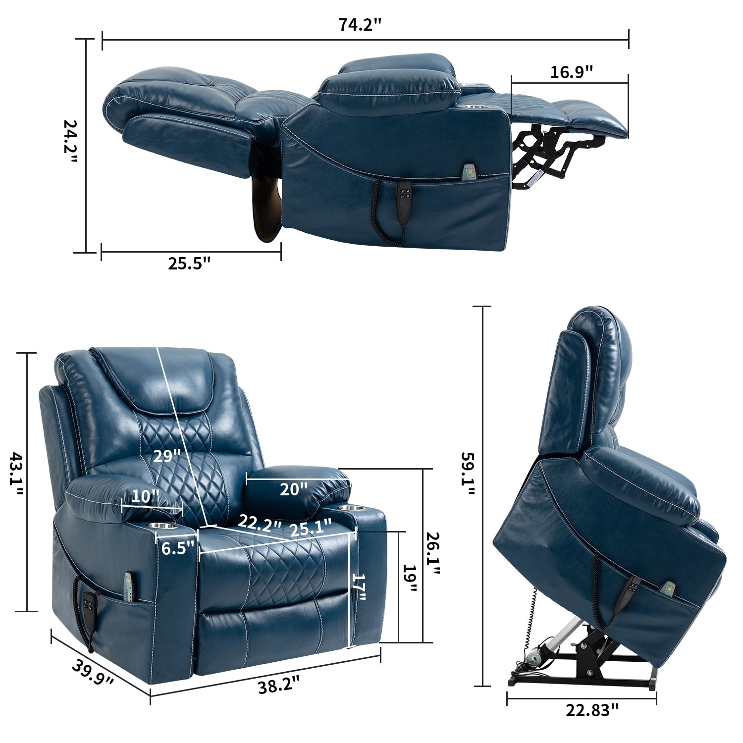 Fauteuil inclinable électrique surdimensionné en cuir PU avec massage, chauffage lombaire, porte-gobelet, position à plat à 180°