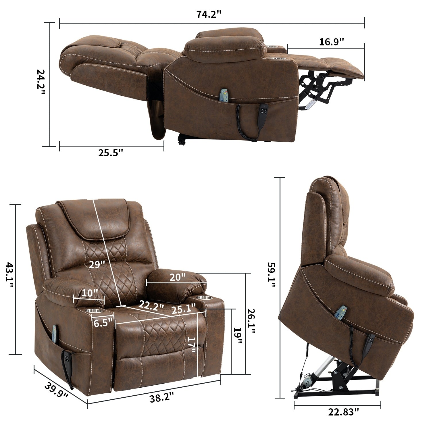 Fauteuil inclinable électrique surdimensionné en cuir PU avec massage, chauffage lombaire, porte-gobelet, position à plat à 180°